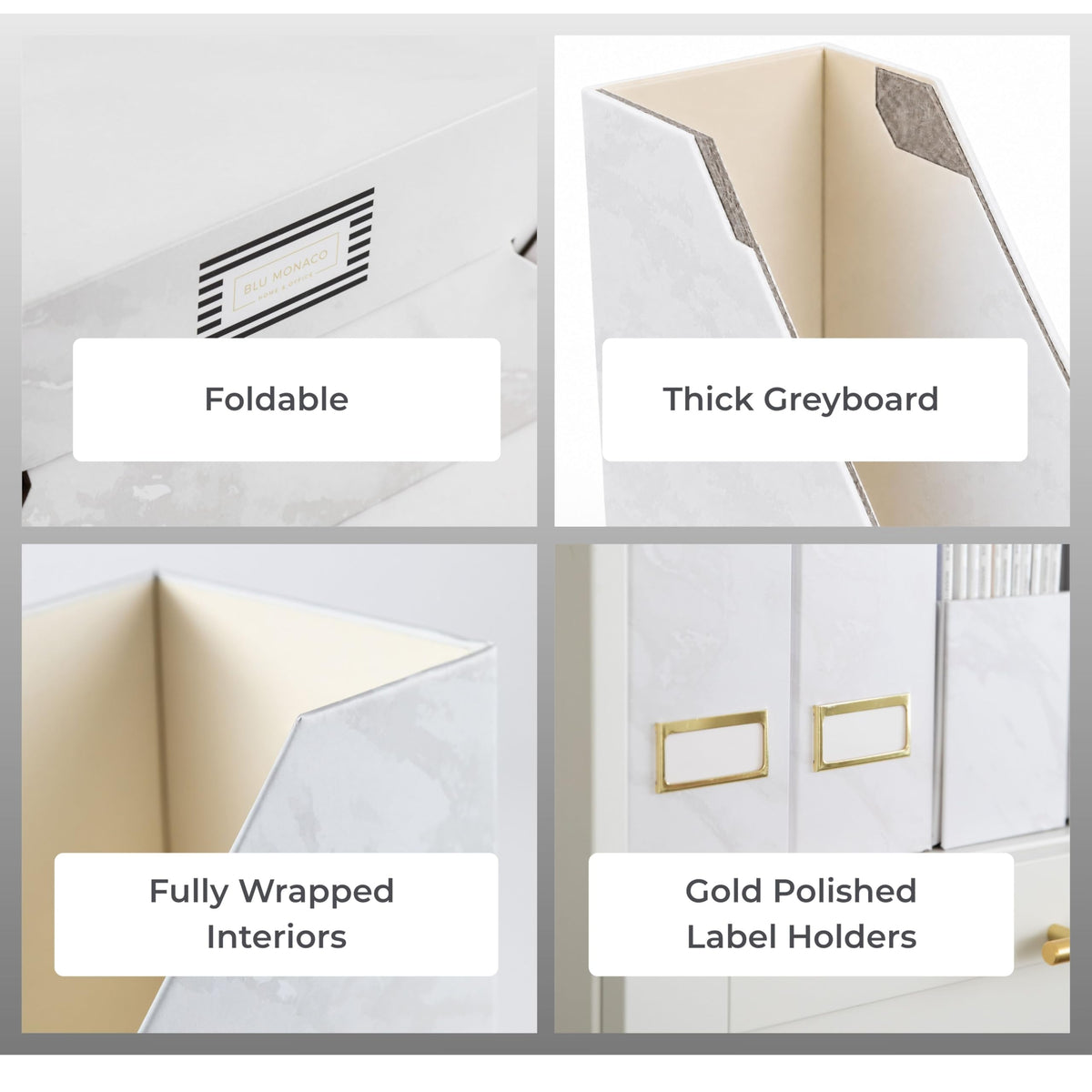 BLU MONACO Set of 4 Magazine Holders | White Marble Design with Gold Label Holders | Foldable File