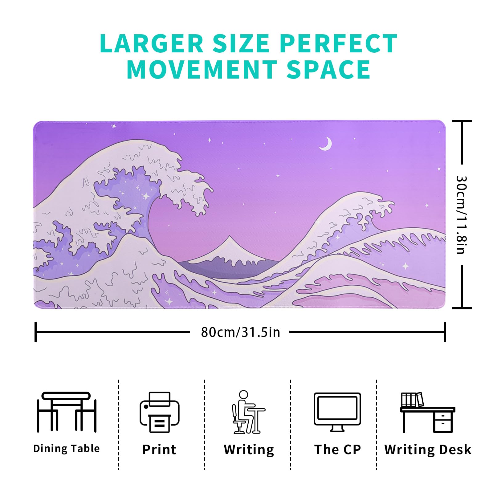 Purple Japanese Sea Wave Gaming Mouse Pad - Large Desk Mat with Non-Slip Base and Stitched Edge for