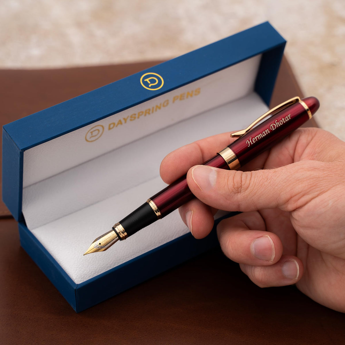 Dayspring Pens Alexandria Personalized Fountain Pen in Red with Gold Trim