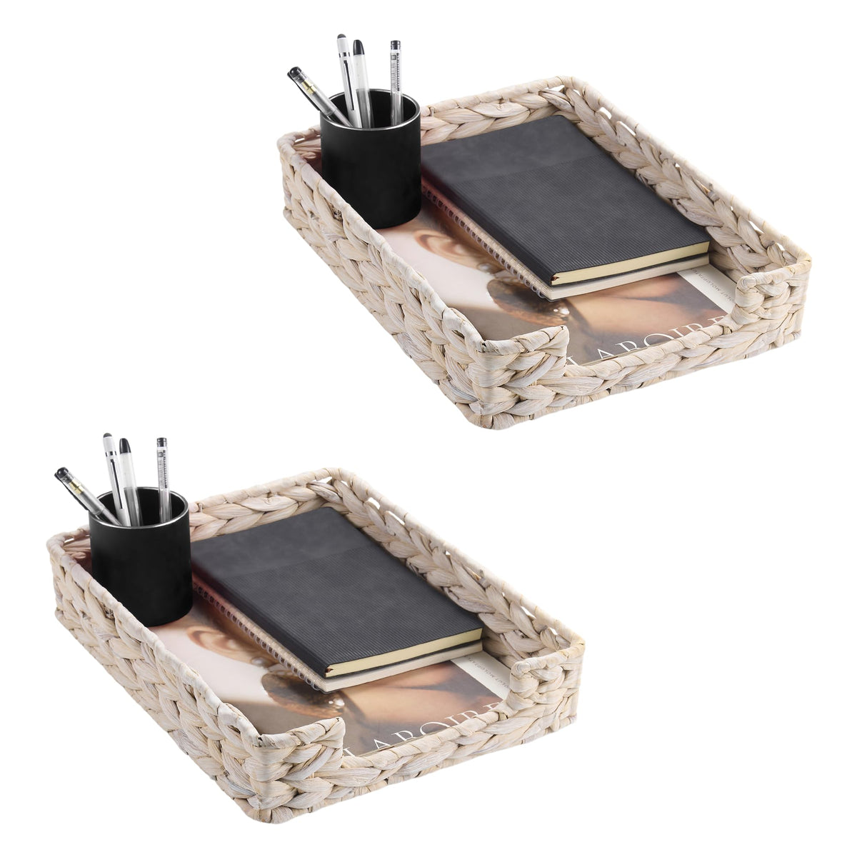 Set of 2 Water Hyacinth Letter Tray for A4 File Desk Mail Letter-Size Paper, Basket Woven