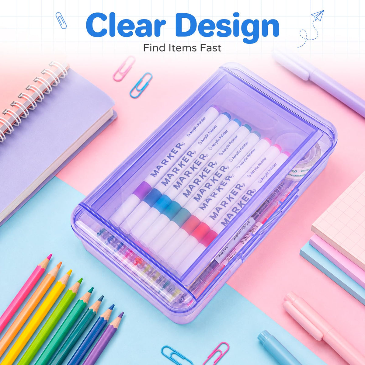 6 Pack Double Layer Plastic Hard Clear Color Pencil box Case for Girl Boy
