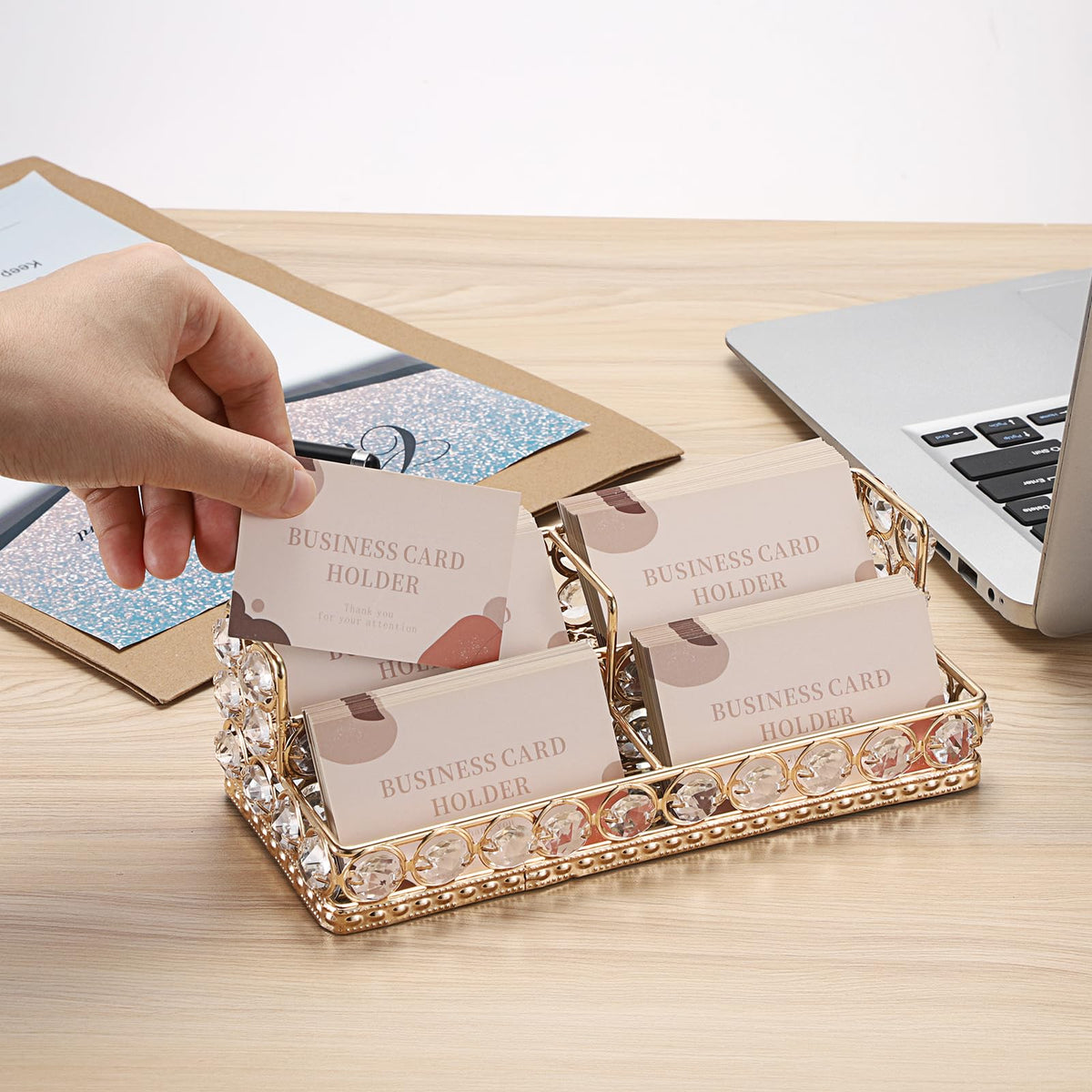 Hipiwe 2 Tiers Business Card Holder Gold Business Card Display Stand with 4 Slots Crystal Name Card