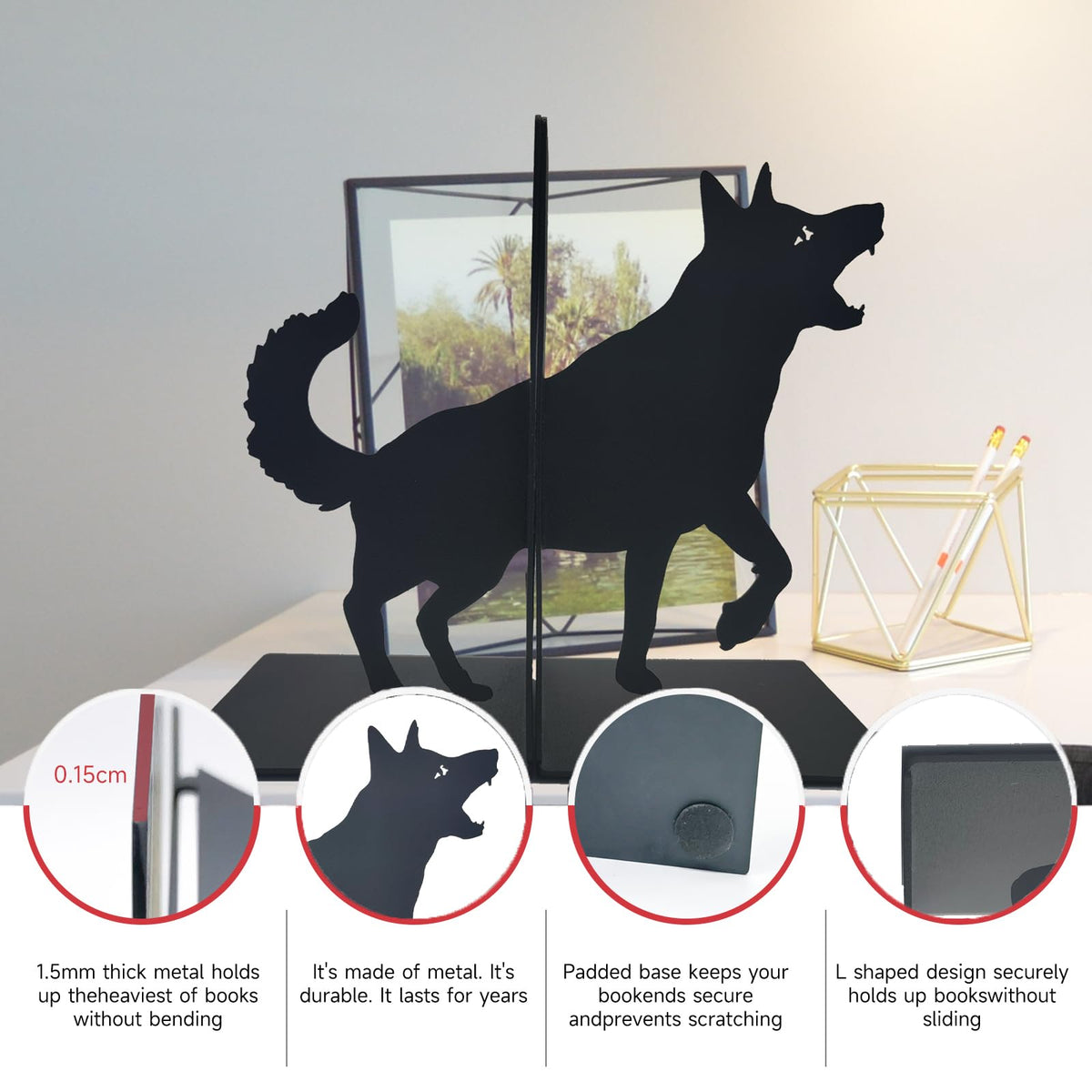 ENCIMART Dog Book Ends Decorative for Shelves, Black Metal Bookend Supports for Heavy Books, Book