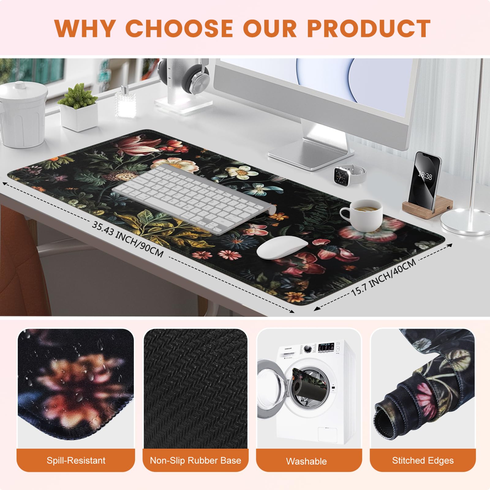 HAOCOO Vintage Floral Desk Mat for Desktop, Aesthetic Plant Desk Decor
