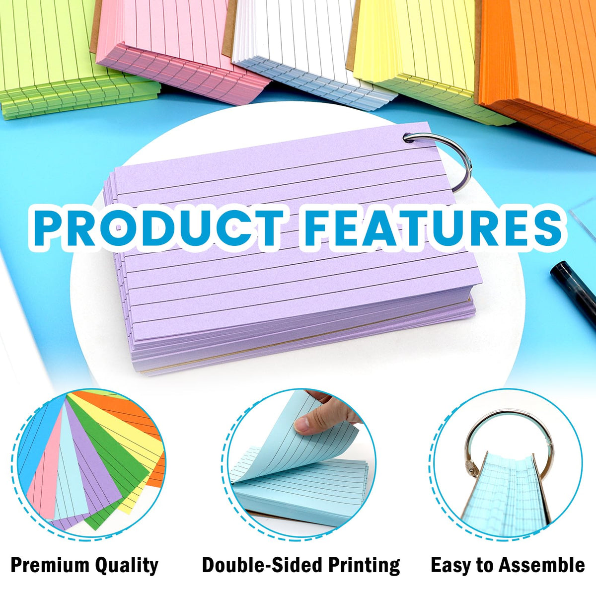 1000 PCS Index Cards 3x5 Inches Colored Flash Cards with Ring, Punched Lined Flashcards Ruled Index