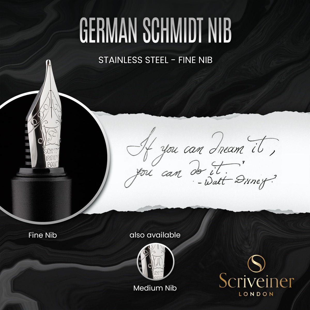 Scriveiner Luxury EDC Fountain Pen (Fine), Stunning Matt Black Pocket Pen, Chrome Finish, Schmidt