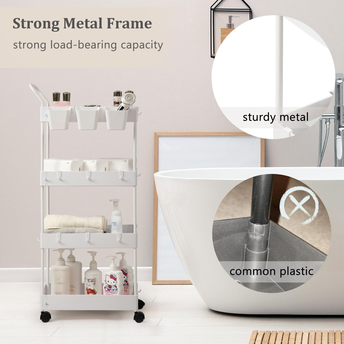 danpinera Storage Cart, 4 Tier Narrow Rolling Storage with Wheels & Dividers, Bathroom Organizer