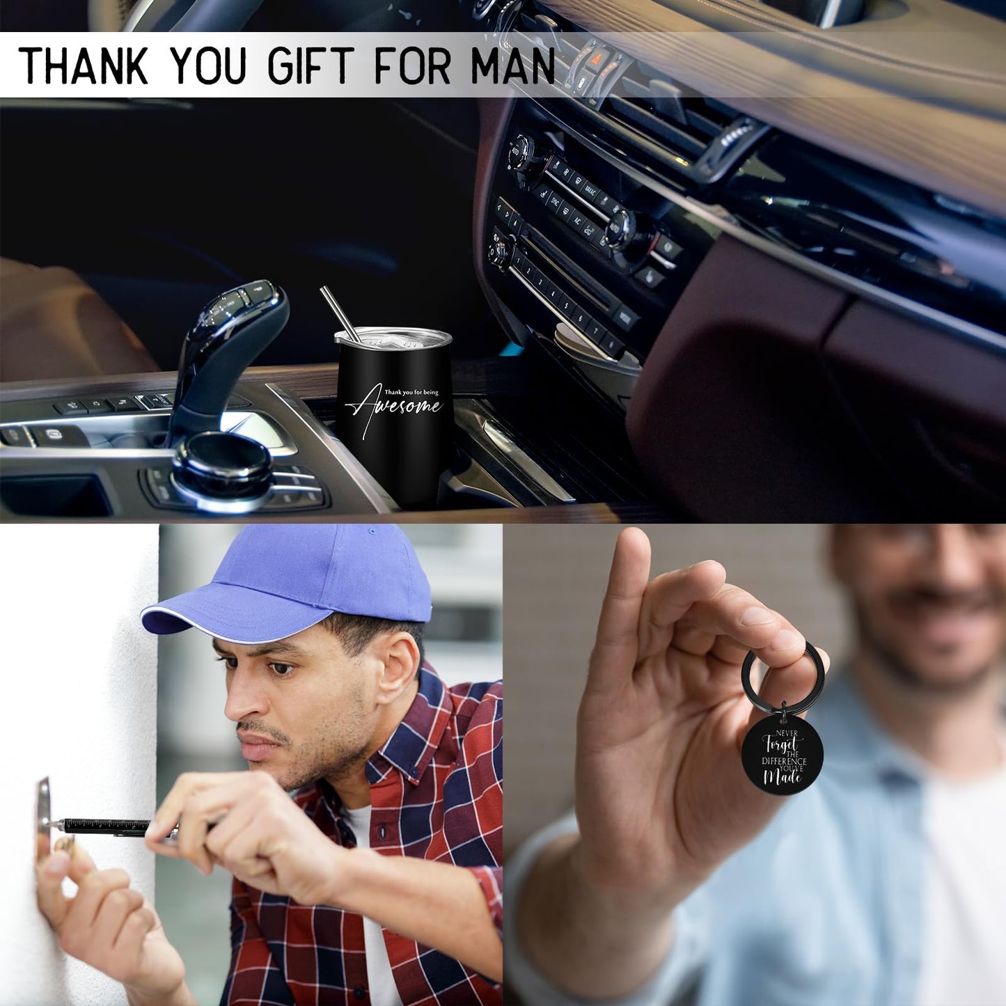 Teling 4 Pcs Thank You Gift for Men Tumbler Pen Keychain Set,Black