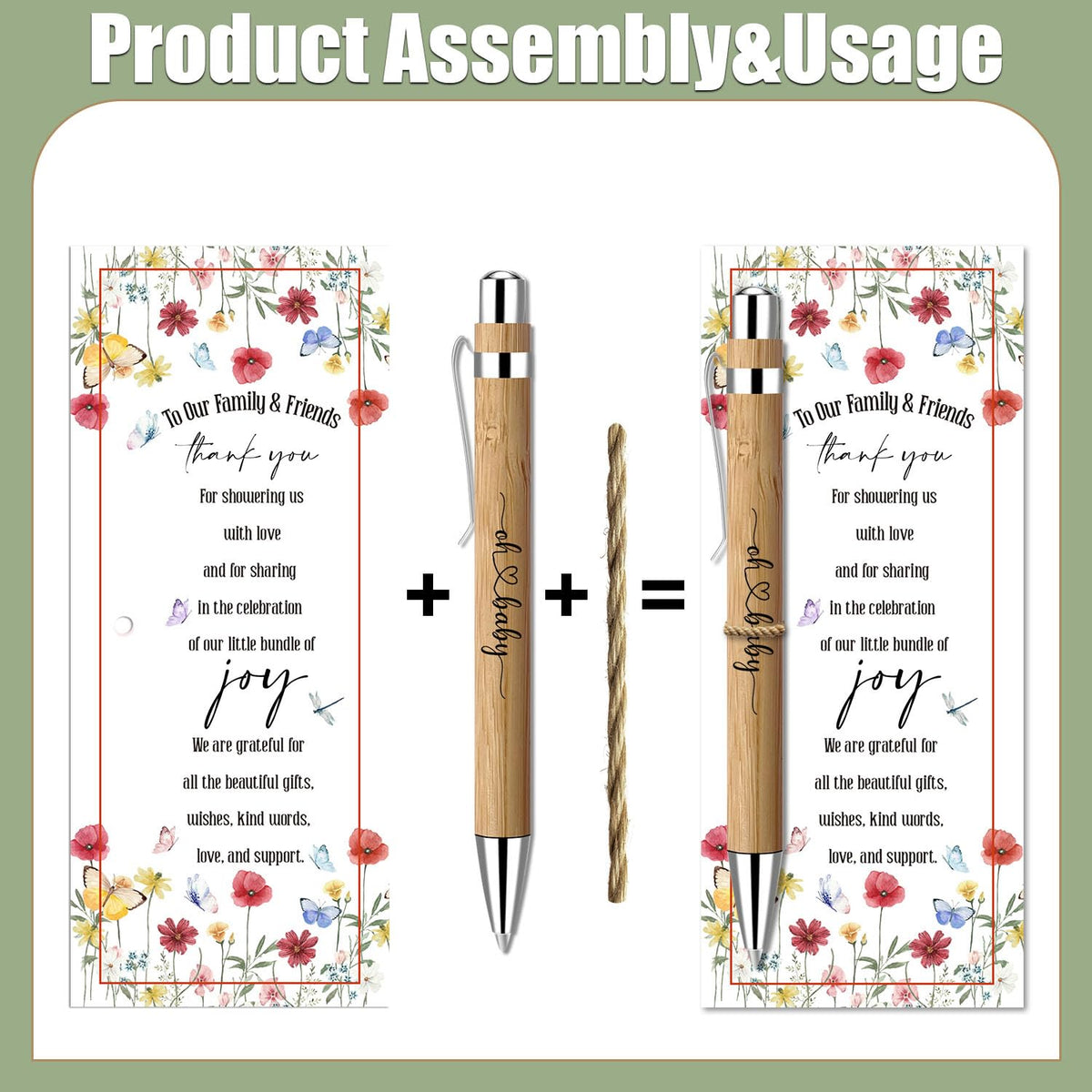 30 Pack Baby Shower Favors, Bamboo Pens and Baby in Bloom Greeting Cards