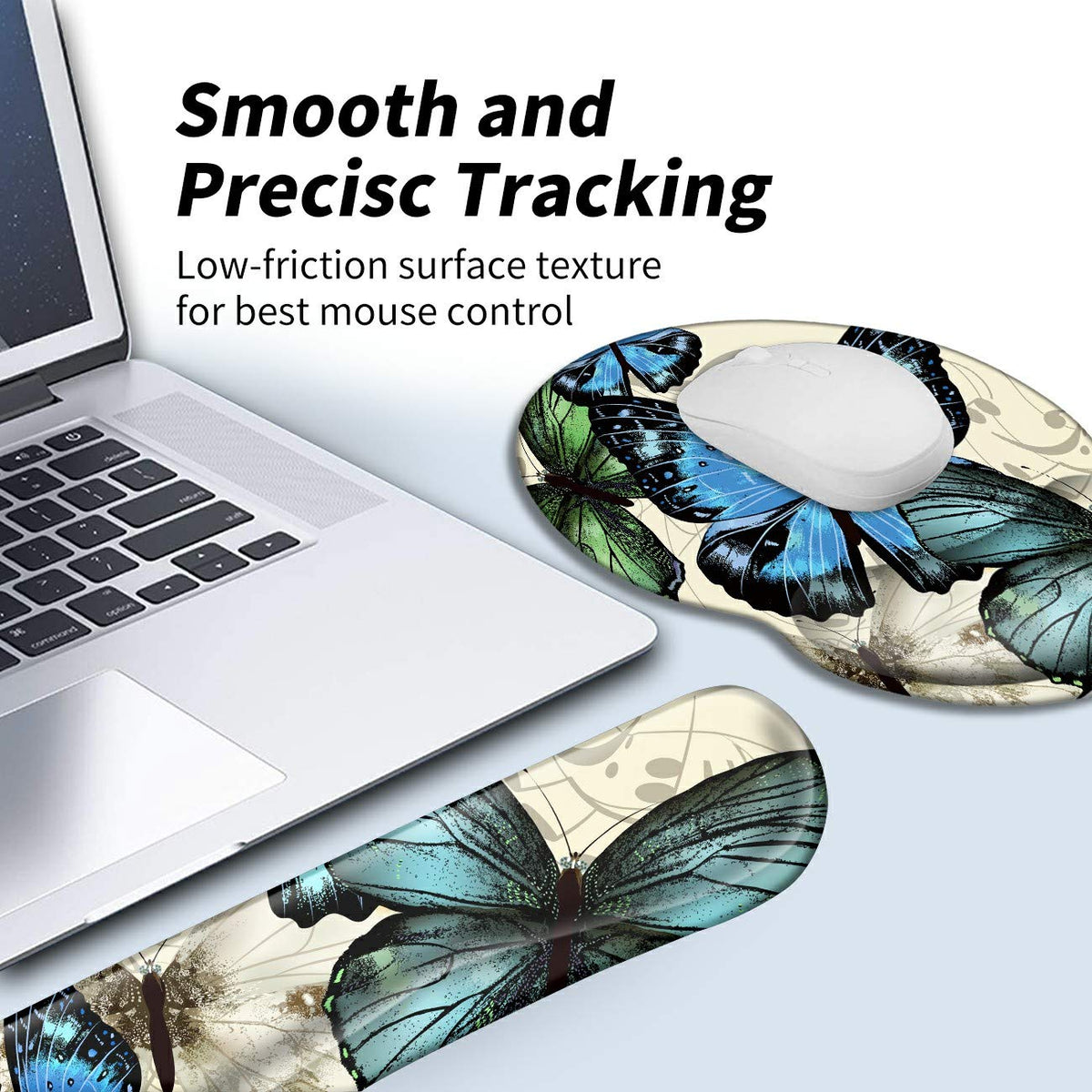 BEOTIWAD Memory Foam Mouse Pad Wrist Rest Set,Blue Butterfly