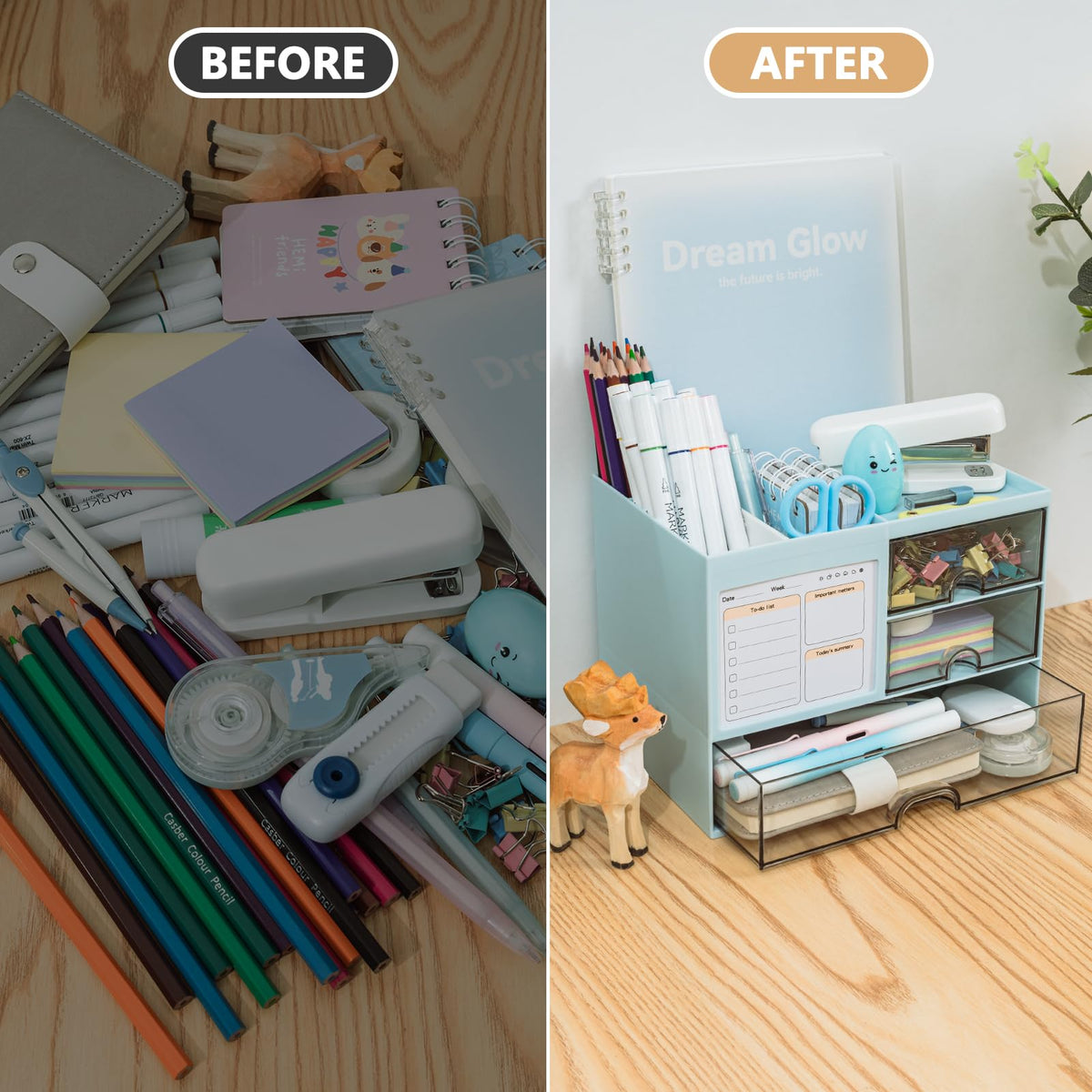 QIYVLOS Desk Organizer with 3 Drawer, Multi-Functional Pencil Pen Holder for Desk, Desk Organizers