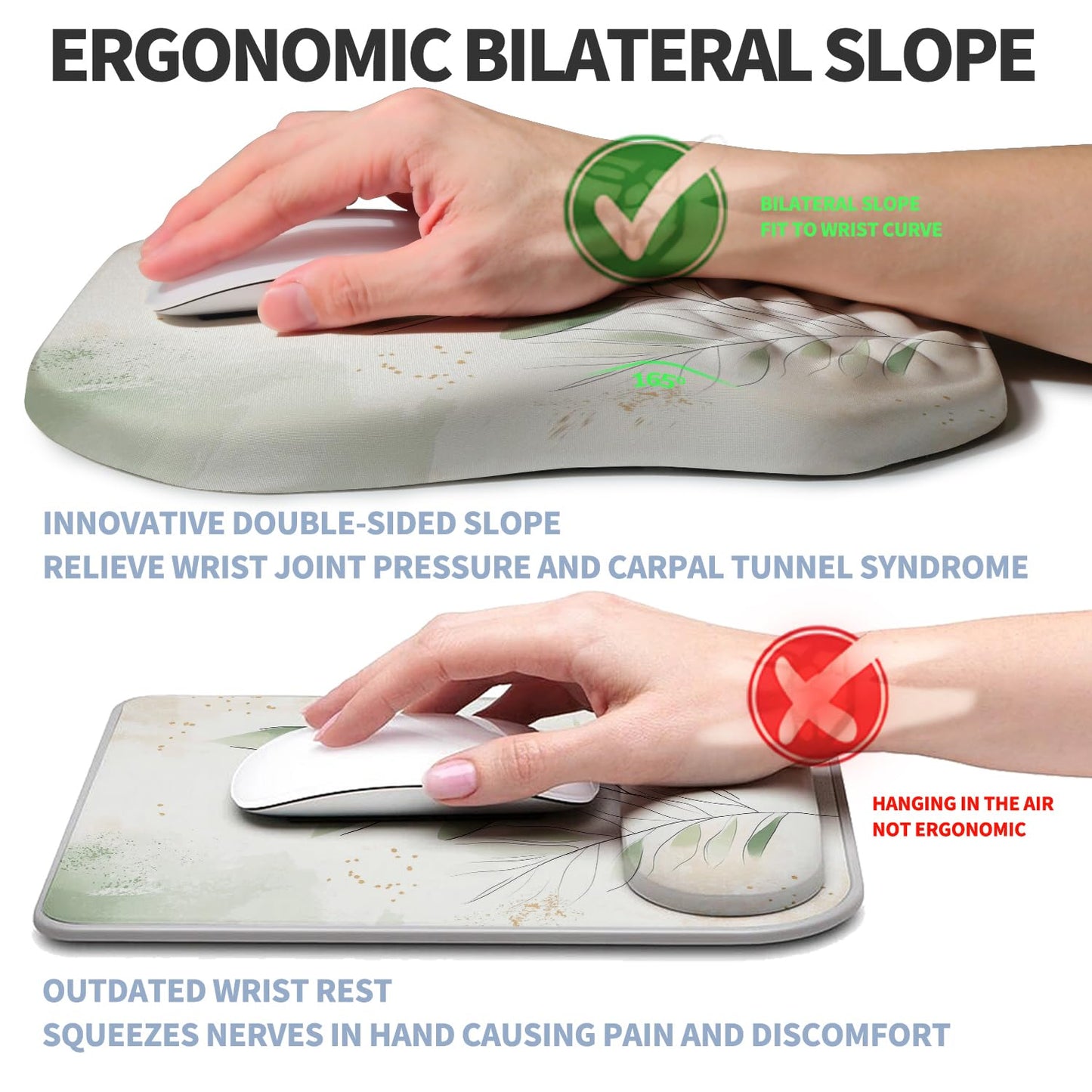 Gleamtide Ergonomic Raised Mouse Pad Wrist Support with Bilateral Slope Memory Foam Mousepad for