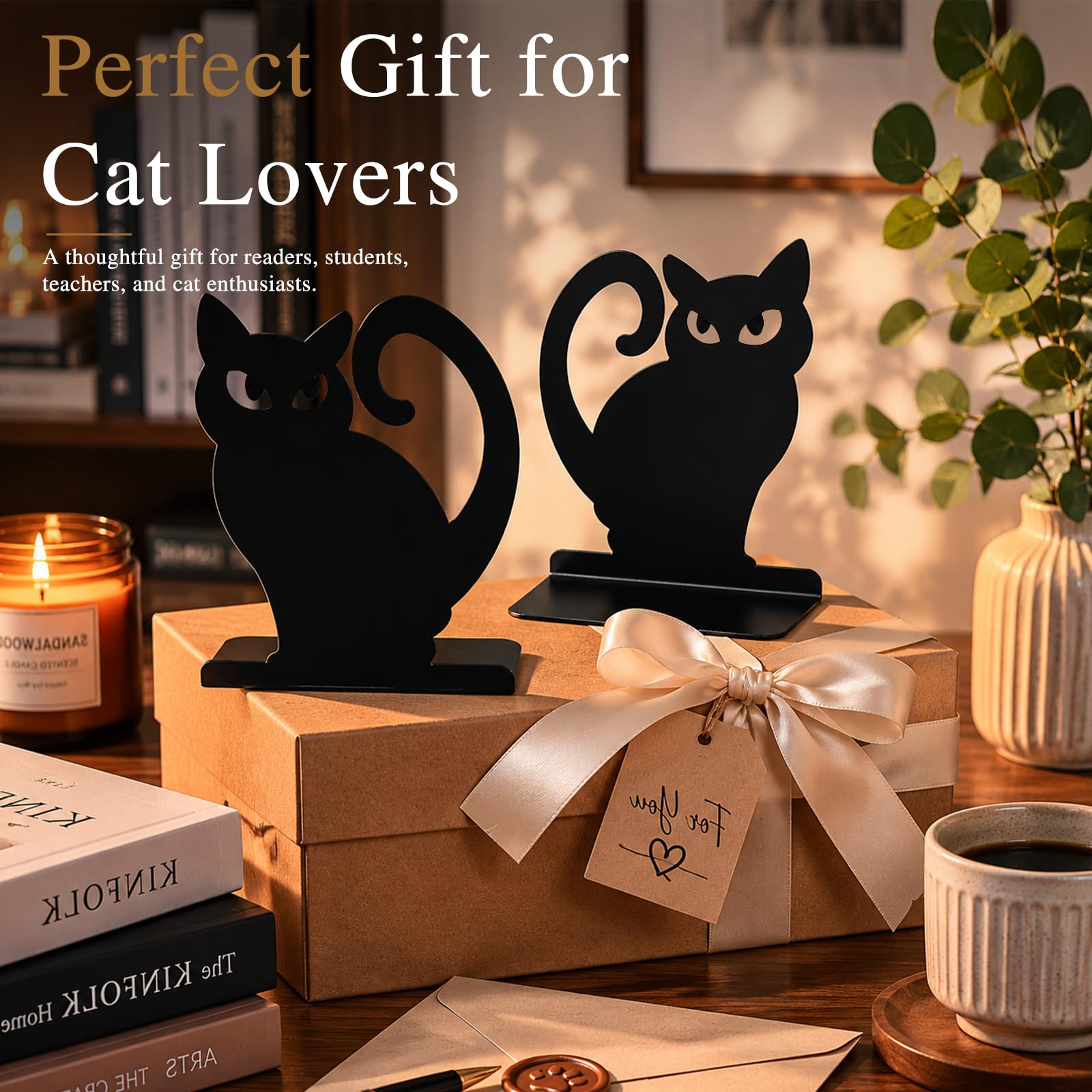 Black Cat Metal Bookends Set of 4 for Shelves, Decorative Book Ends Heavy Duty Non Slip Book Holder