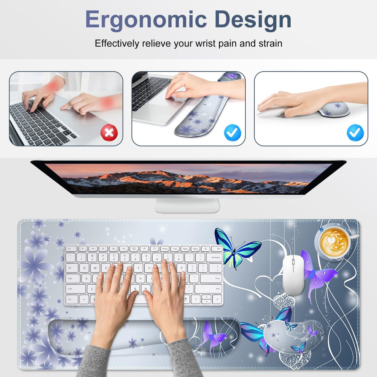 Cute Butterfly Desk Mat, Florals 4 in1 Large Gaming Mouse Pad Set, Ergonomics Keyboard Pad with