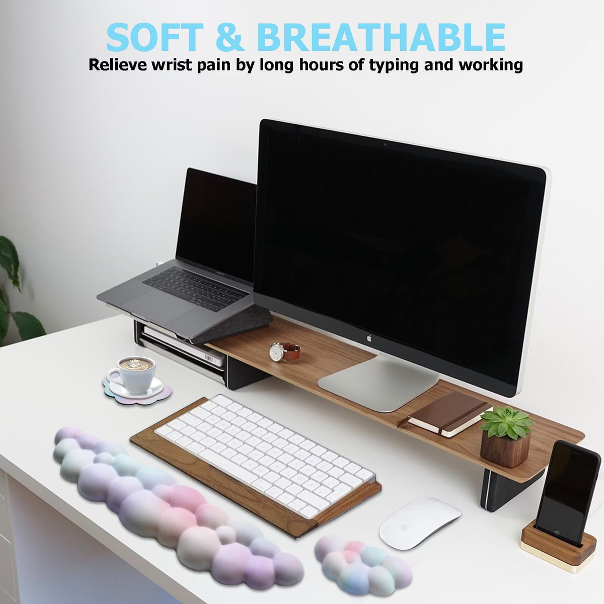 Cloud Wrist Rest Keyboard, Ergonomic Keyboard Wrist Rest Pad Set, Rainbow