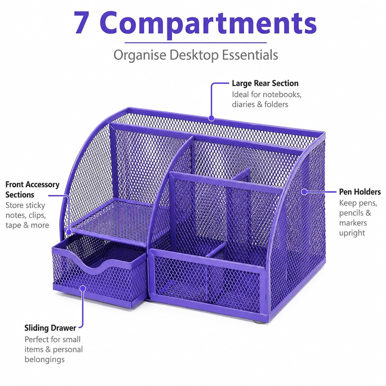 Exerz Metal Mesh Desk Organizer 7 Compartments Drawer Tidy Caddy Purple