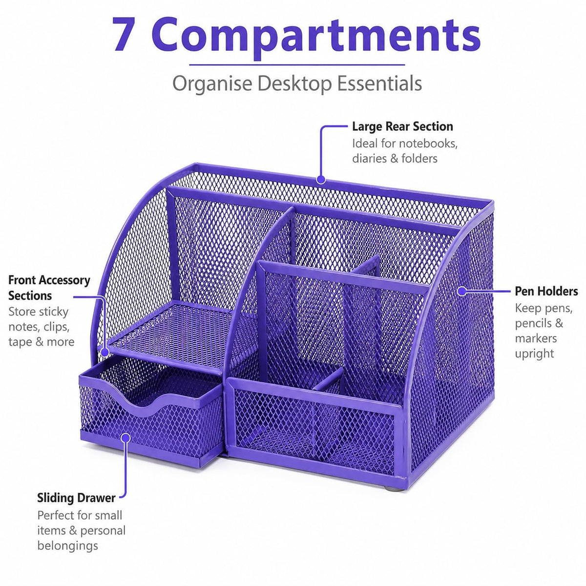 Exerz Metal Mesh Desk Organizer 7 Compartments Drawer Tidy Caddy Purple