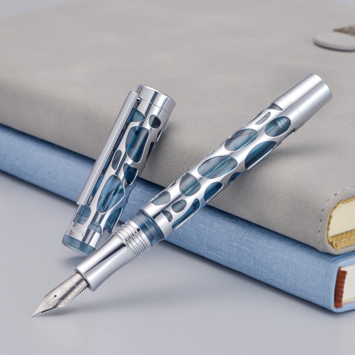Asvine V169 Vacuum Filling Fountain Pen Medium Nib, Water Drop Skeleton Transparent Gray Blue