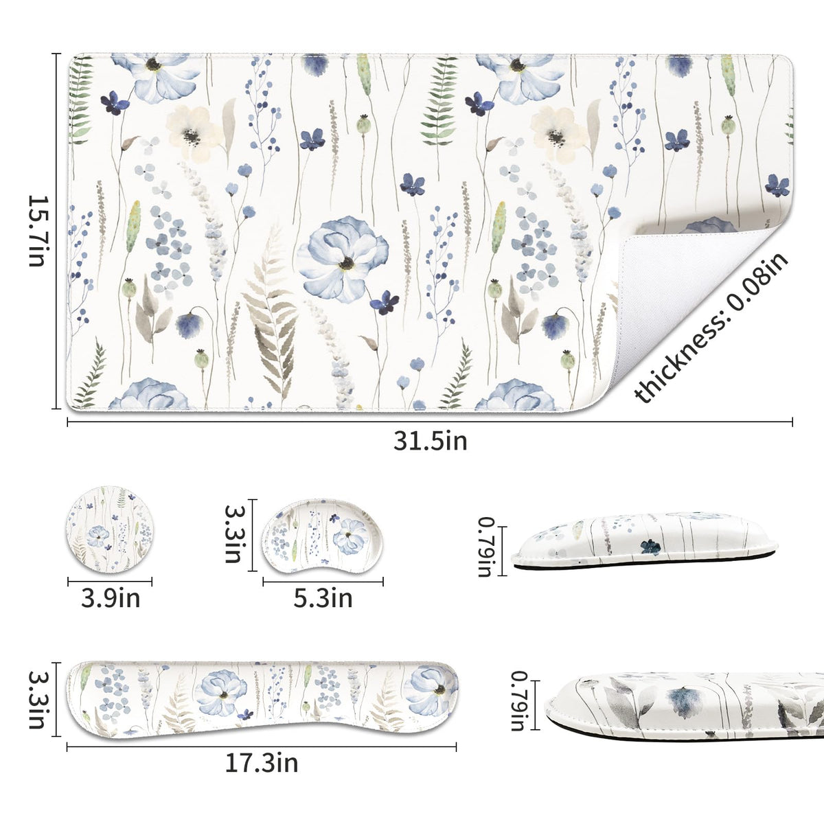QiyI PU Leather Desk Mat Set, 4-in-1 Ergonomic Wrist Rest, Wildflowers