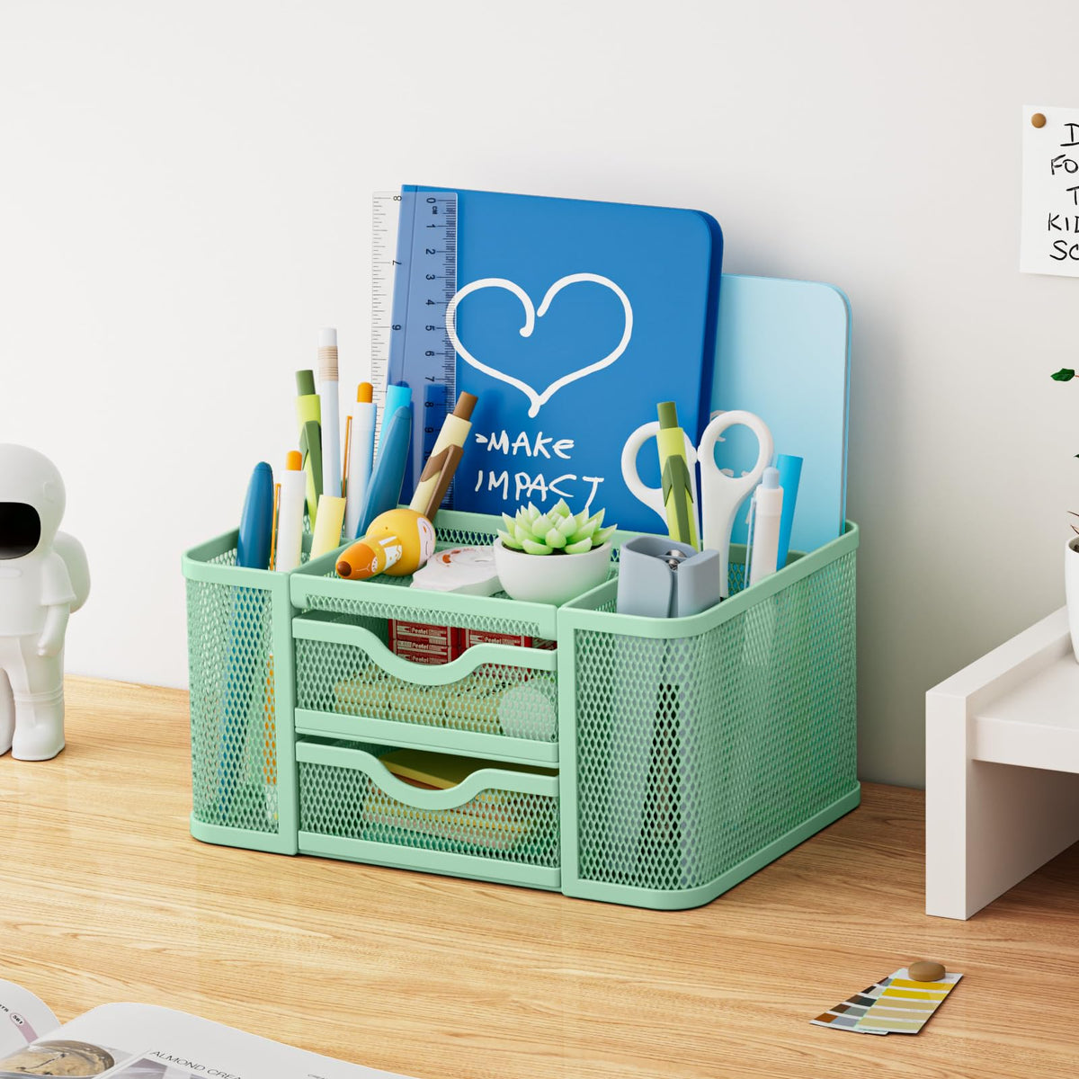Marbrasse Mesh Desk Organizer, Pen Organizer with 2 Drawer, Multi-Functional Pencil Holder, Desk