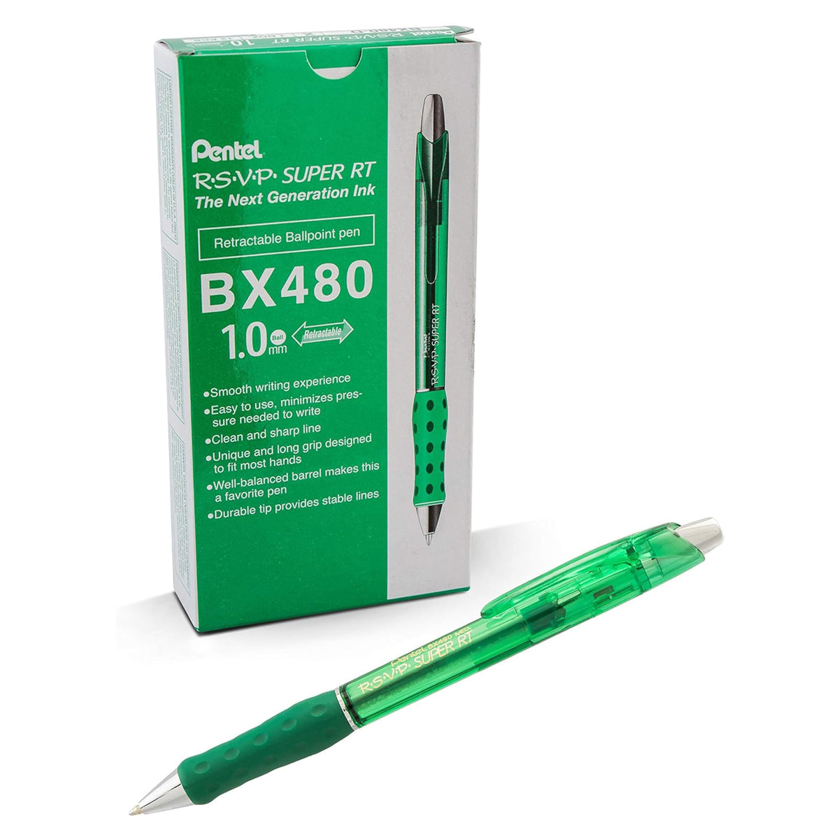 Pentel RSVP Super RT Ballpoint Pen, (1.0mm) Medium Line, Green Ink, Box of 12, (BX480-D)