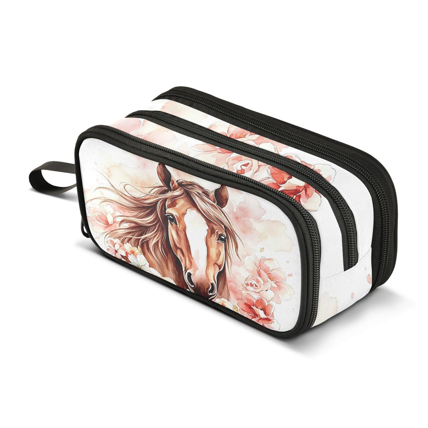 BOENLE Brown Horse Watercolor Flower Pencil Case Box Boys Girls Large Pencil Pouch Zipper
