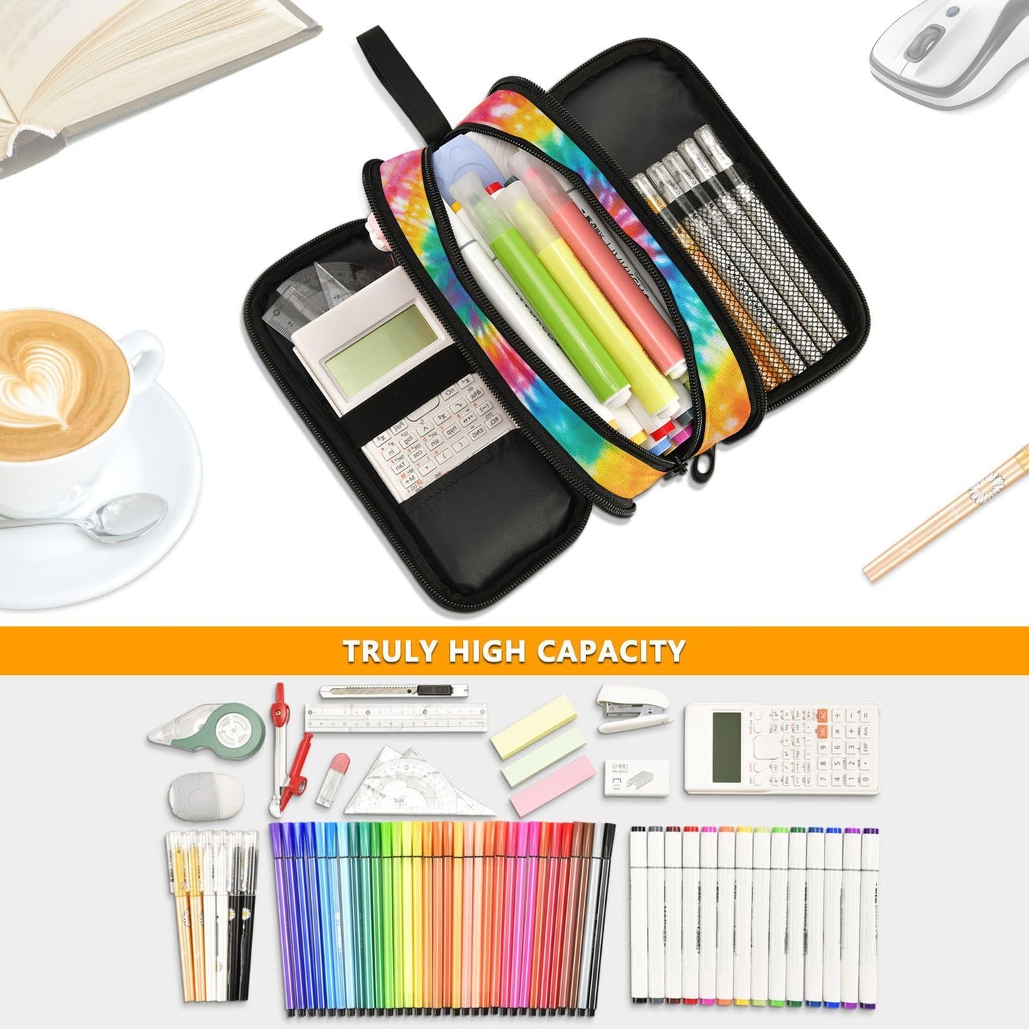BOENLE Tie Dye Rainbow Pencil Case Box Boys Girls Large Pencil Pouch with Zipper Compartments Big