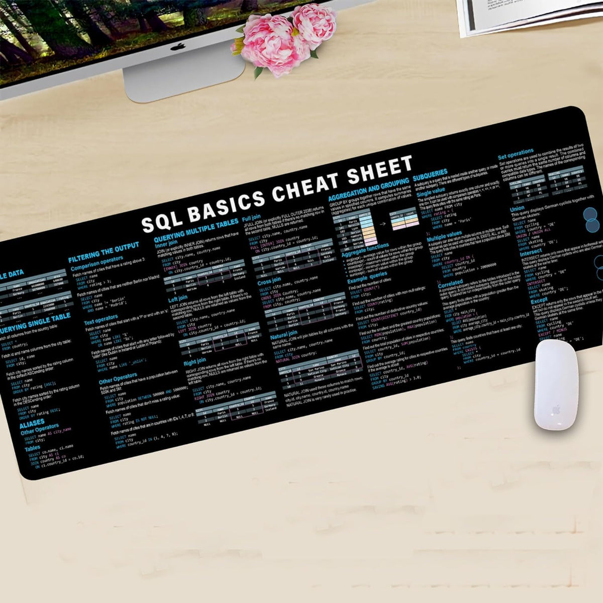 SQL Cheat Sheet Desk Mat for Database Administrators, Analysts, and Programmers, Quick Key, Large