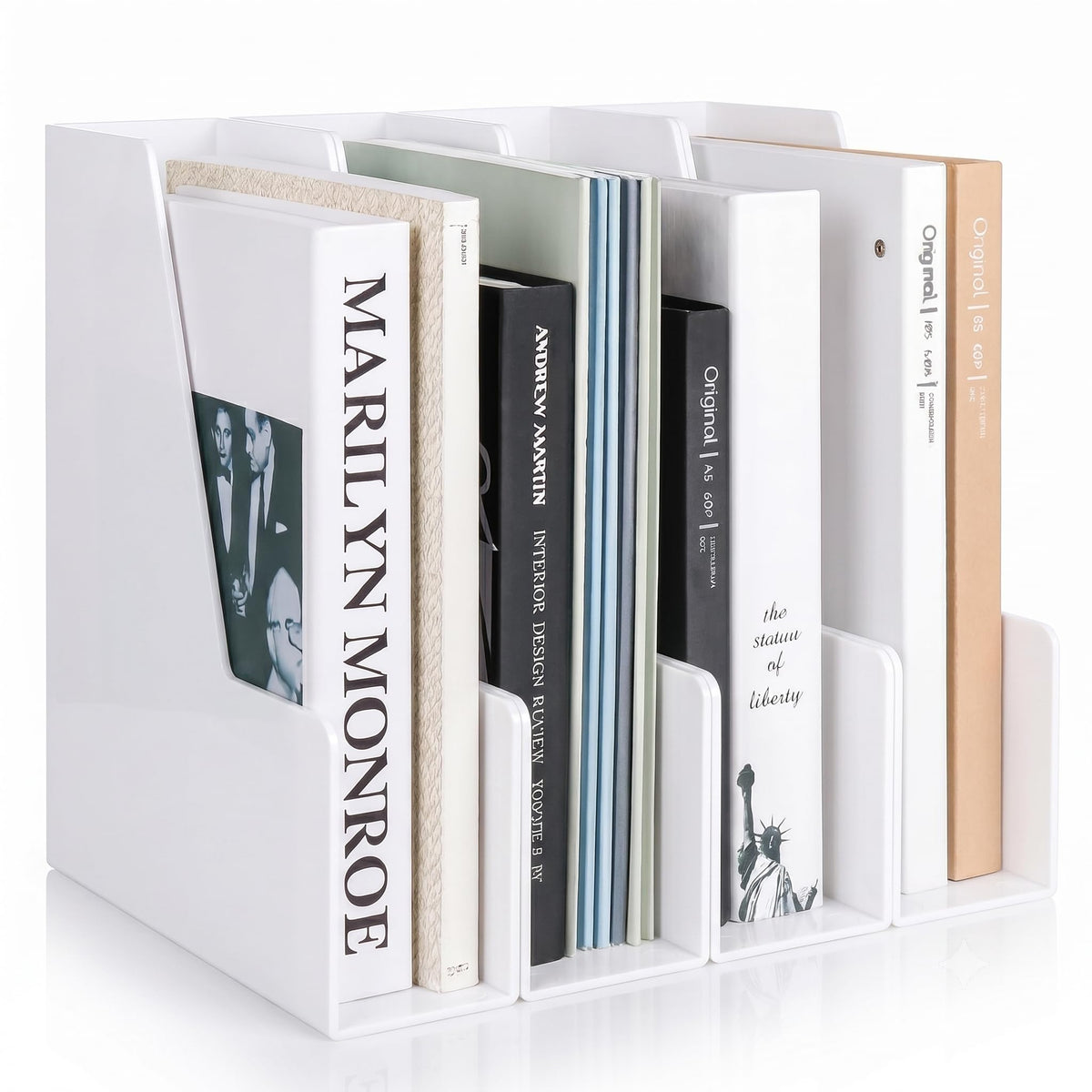 LALOBLUE White Vertical File Organizer, 4 Section Magazine Holder for Desk, Desktop File Folder