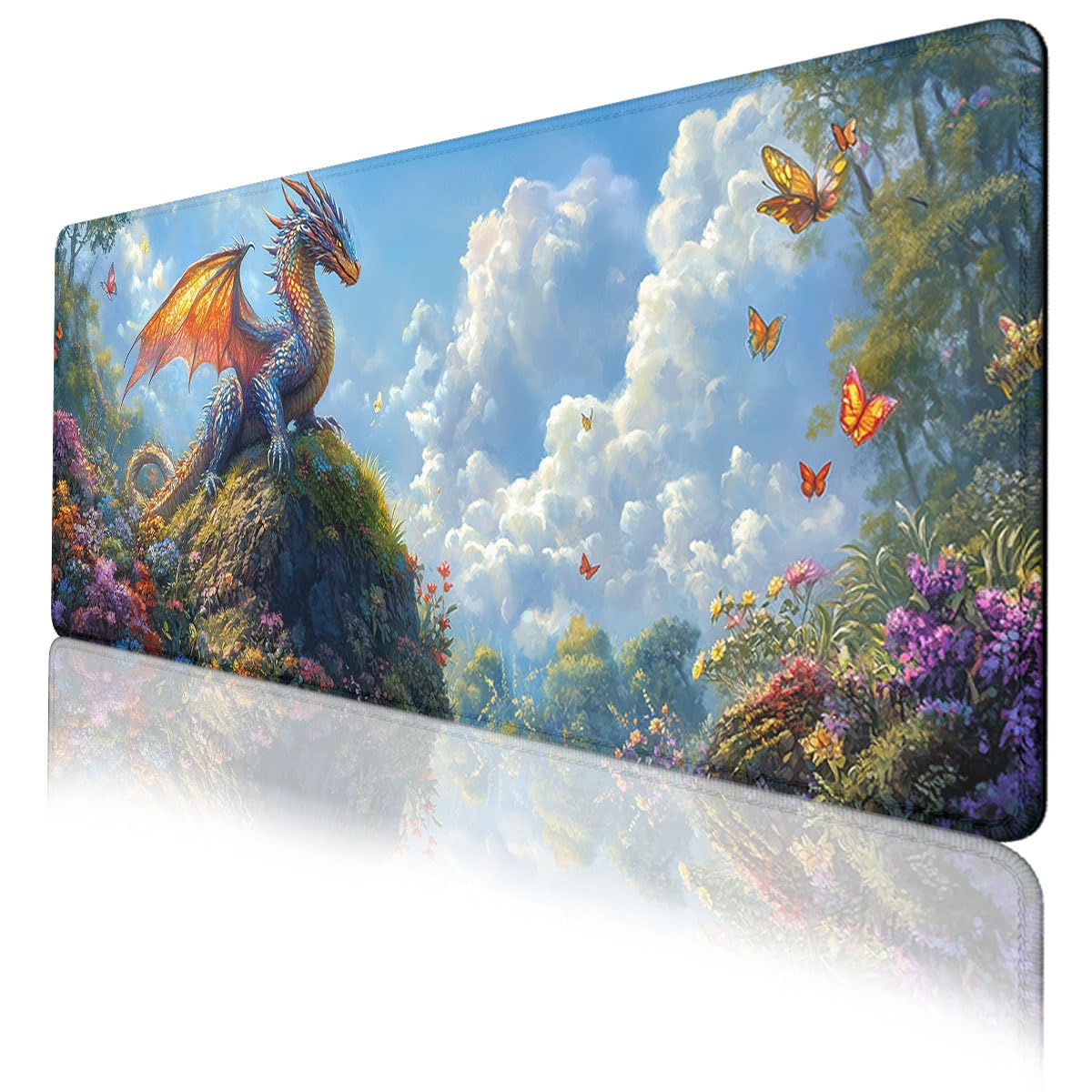Fantasy Dragon Desk Pad Mouse Pad Forest Colorful Butterfly Flower Mousepad XL Large Gaming Mouse