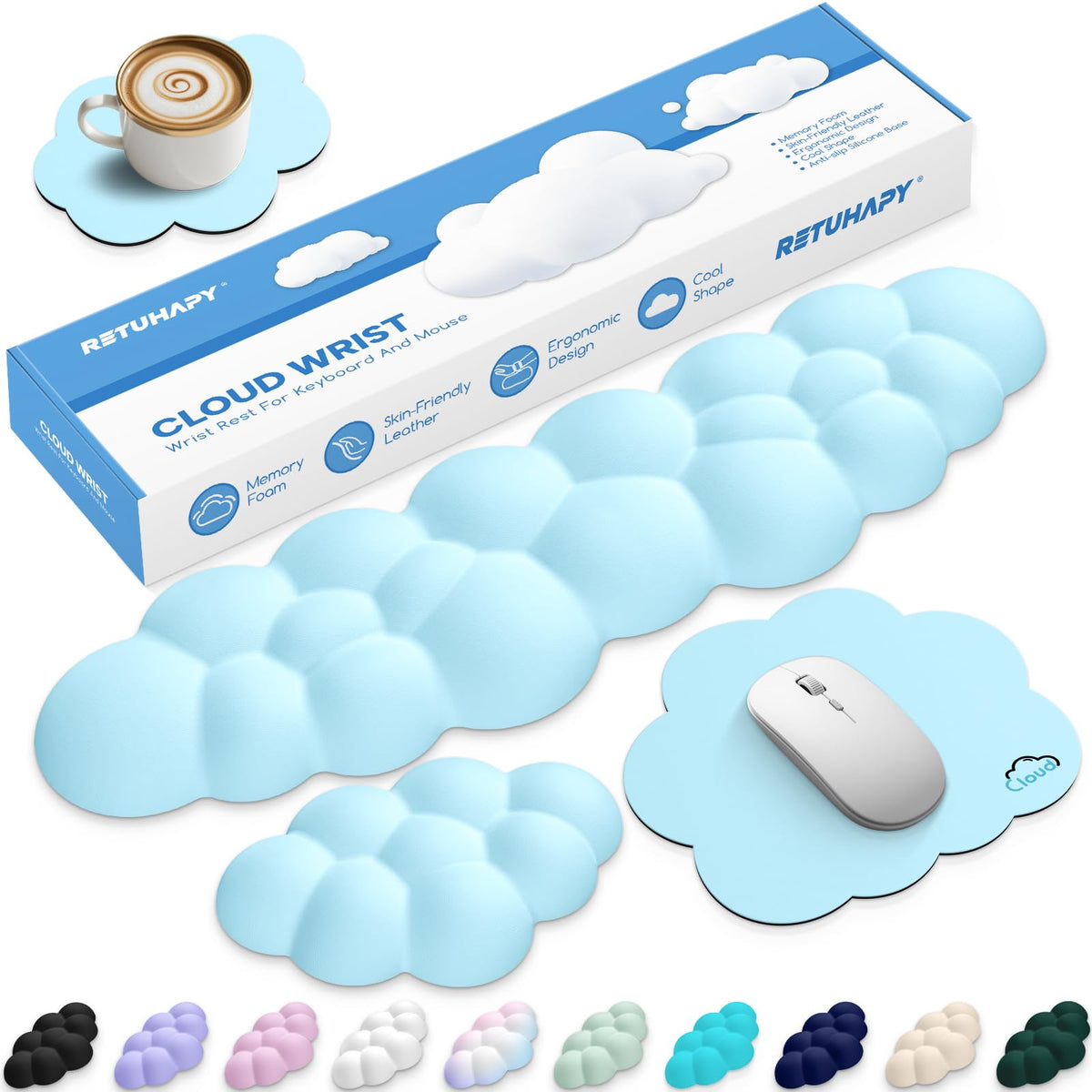Retuhapy Cloud Wrist Rest Keyboard Cushion and Cloud Mouse Pad, Blue