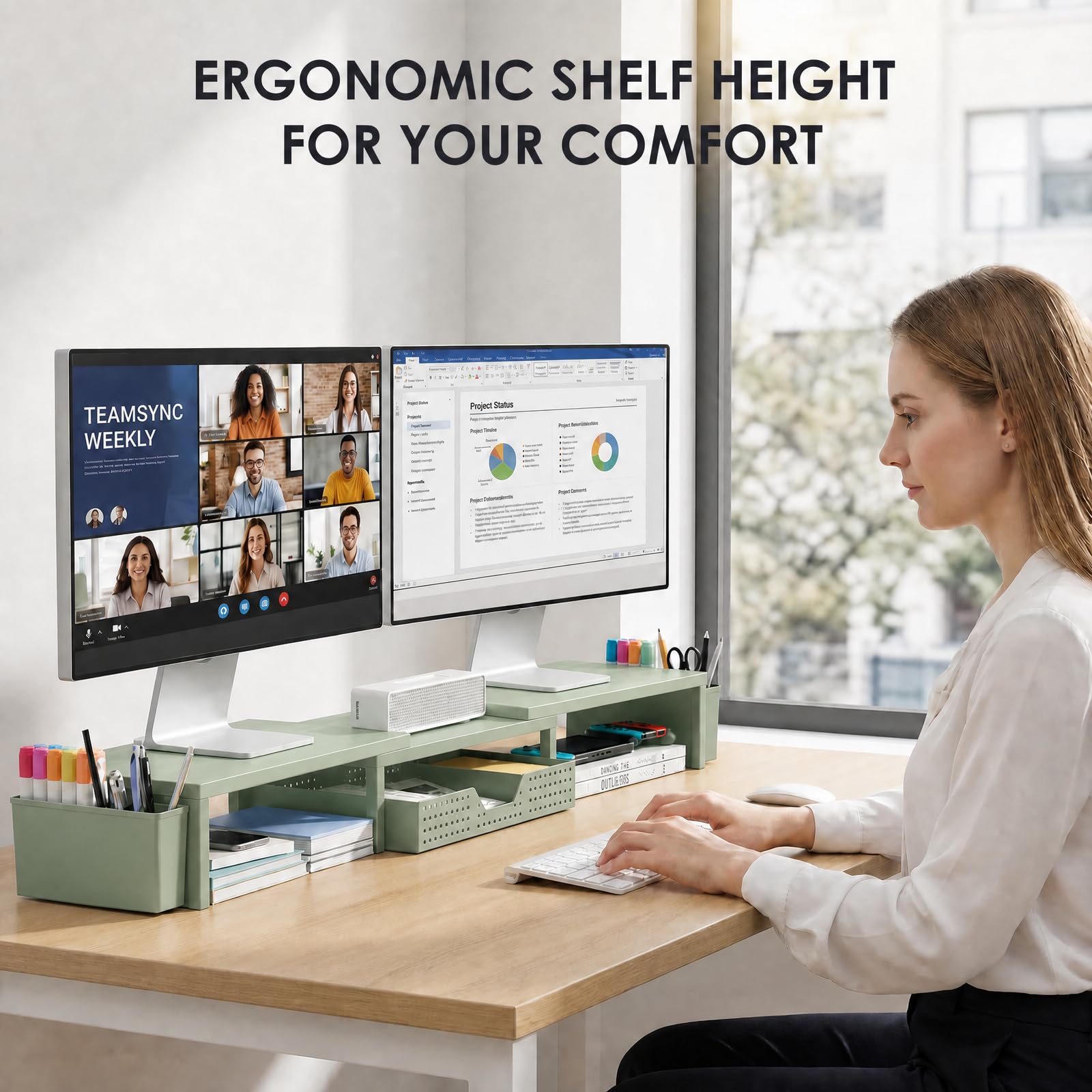 OPNICE Desk Organizers and Accessories, Dual Monitor Stand Riser with Drawer and 2 Pen Holders