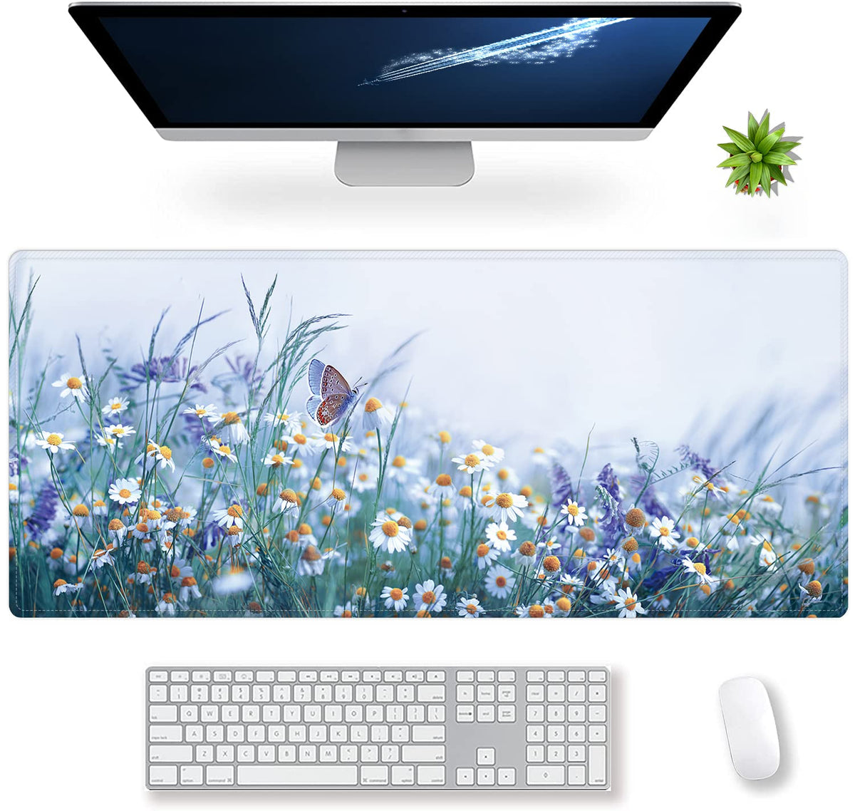 Extended Large Gaming Mouse Pad Wildflowers Chamomile and Butterflies XXL Size Keyboard Mouse Mat