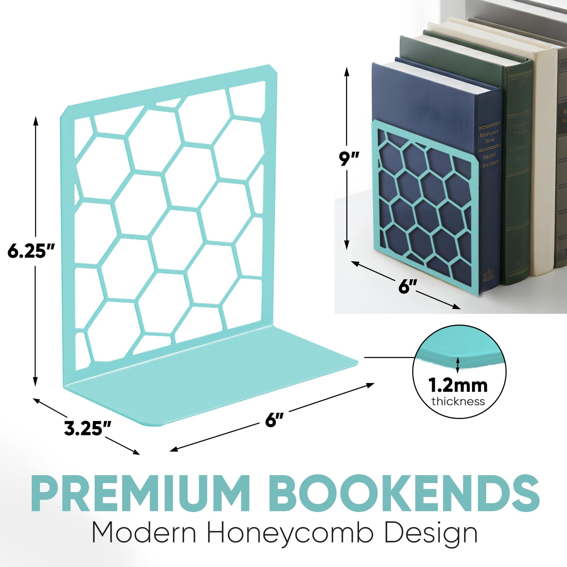 Turquoise Geometric Honeycomb Metal Bookends - Book Ends for Shelves - Decorative Modern Heavy Duty