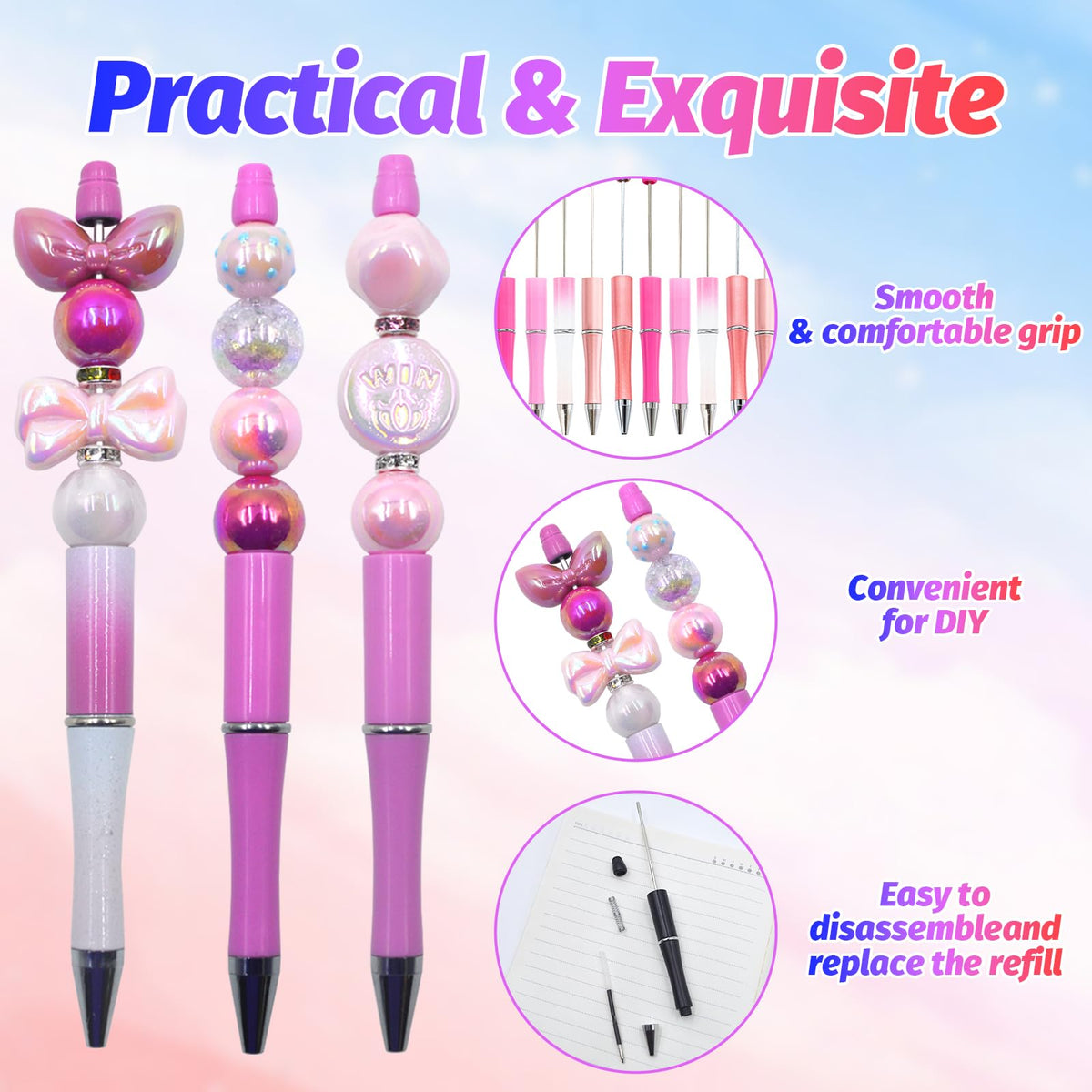 DASTTUIS 150 Pieces DIY Beadable Pen Kit – 50 Plastic Ballpoint Pens with Refills & Bags – School