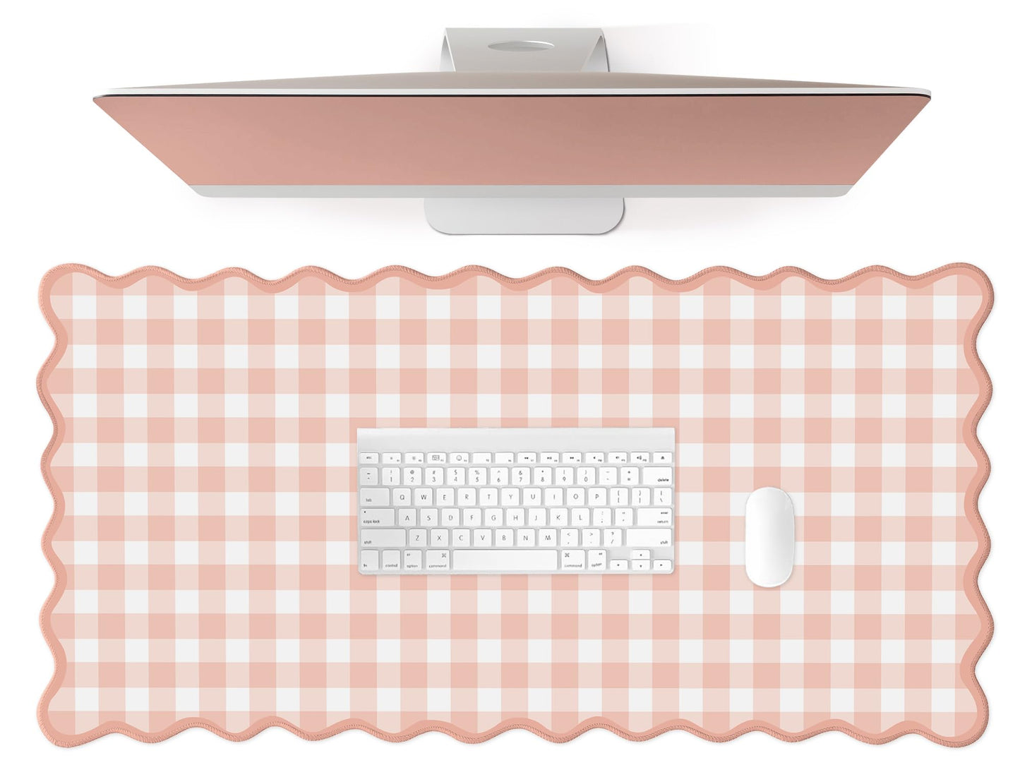 ohisxiacy Scalloped‌ Pink Checkered Gingham Desk Mat Cute Pastel Large Mouse Pad Kawaii Cottagecore