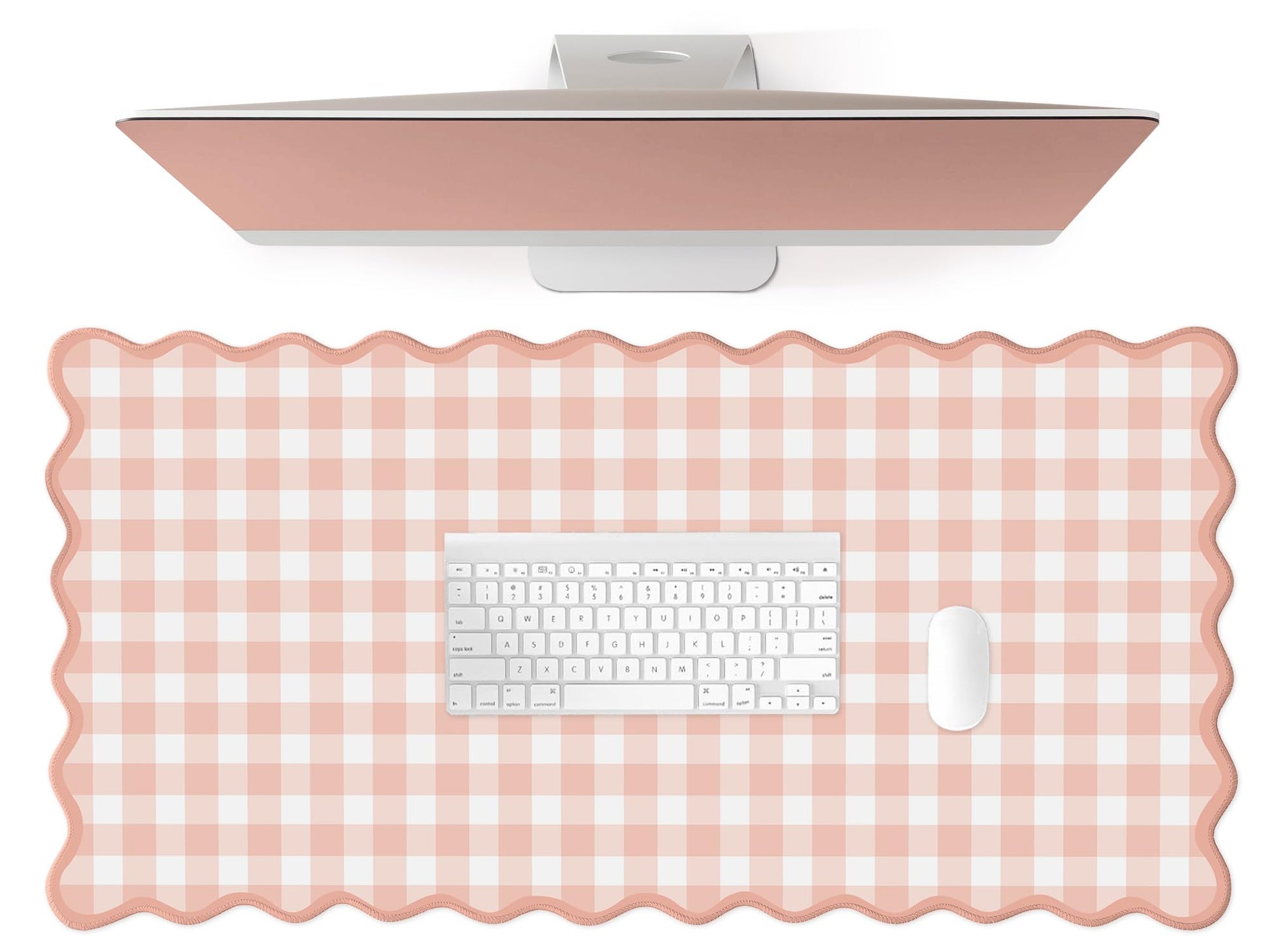 ohisxiacy Scalloped‌ Pink Checkered Gingham Desk Mat Cute Pastel Large Mouse Pad Kawaii Cottagecore