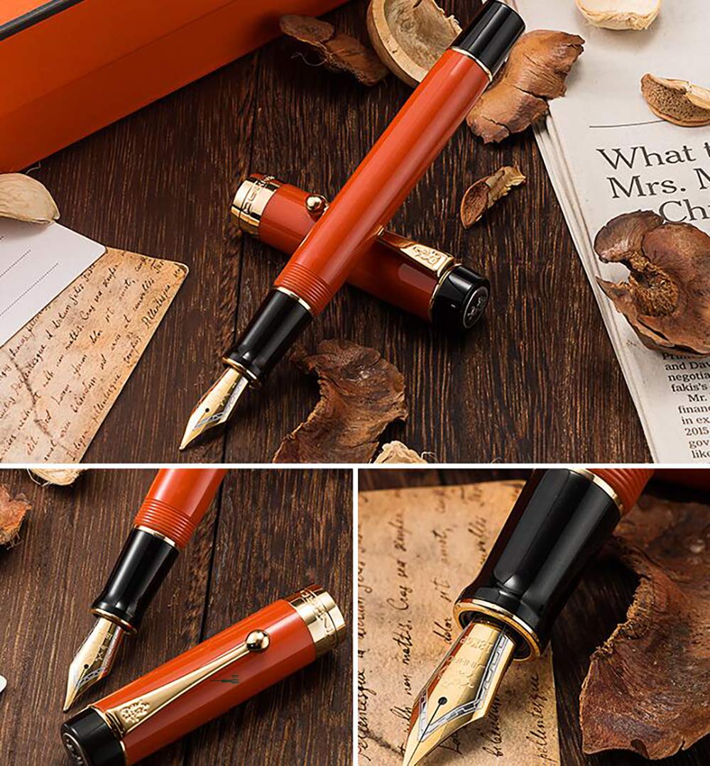 Jinhao 100 Fountain Pen Classic Style Orange Red Acrylic, Fine Point with Converter and Gold Trim