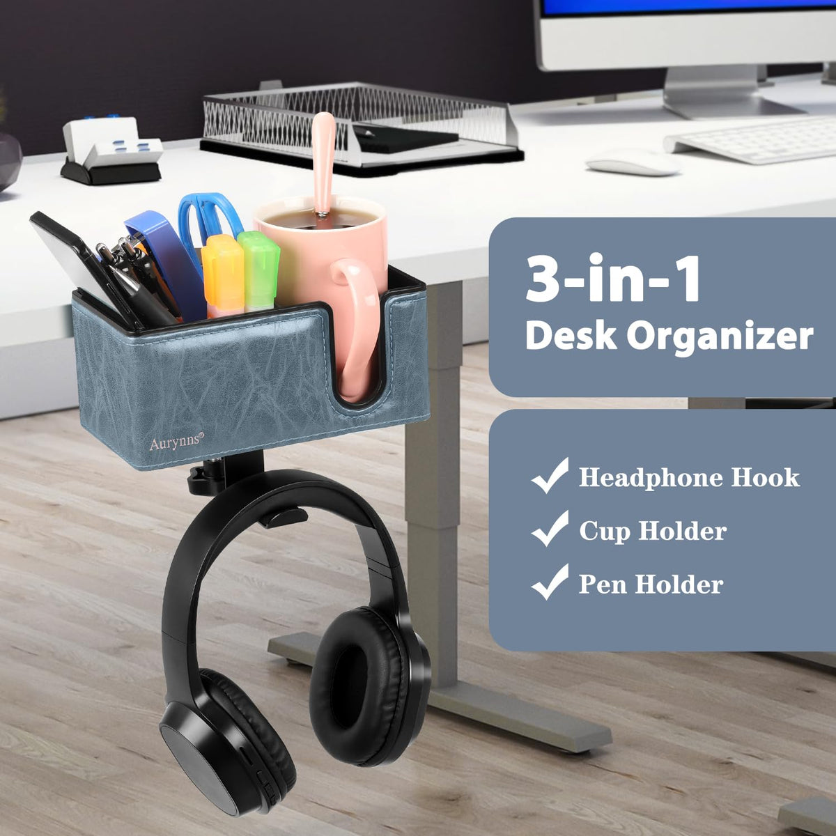 Under Desk Cup Holder Clamp on Cup Holder PU Leather Clip on Desk Organizer