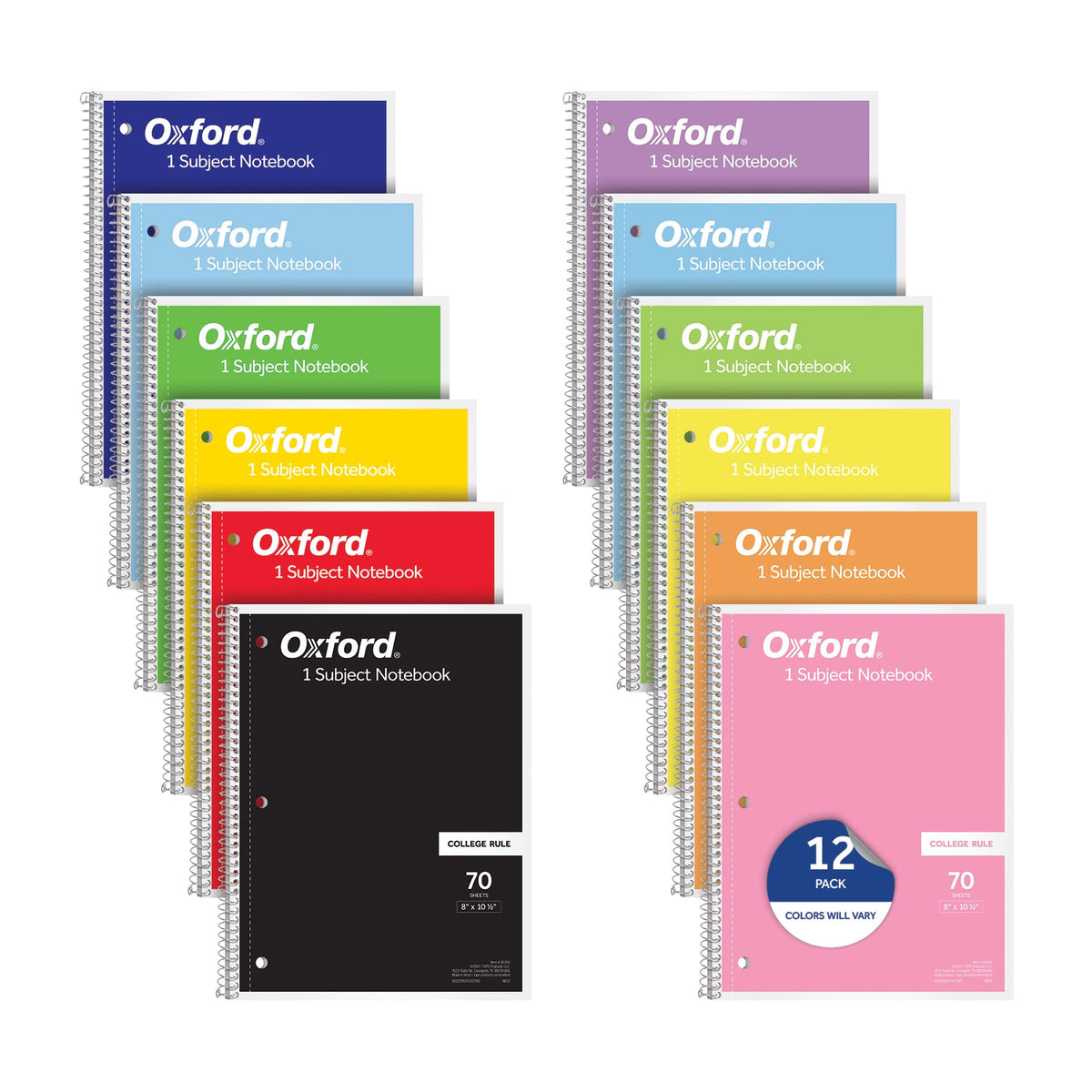 Oxford Spiral Notebooks, 12 Count Bulk Pack, 1 Subject, College Ruled Notebooks for School, 8 x