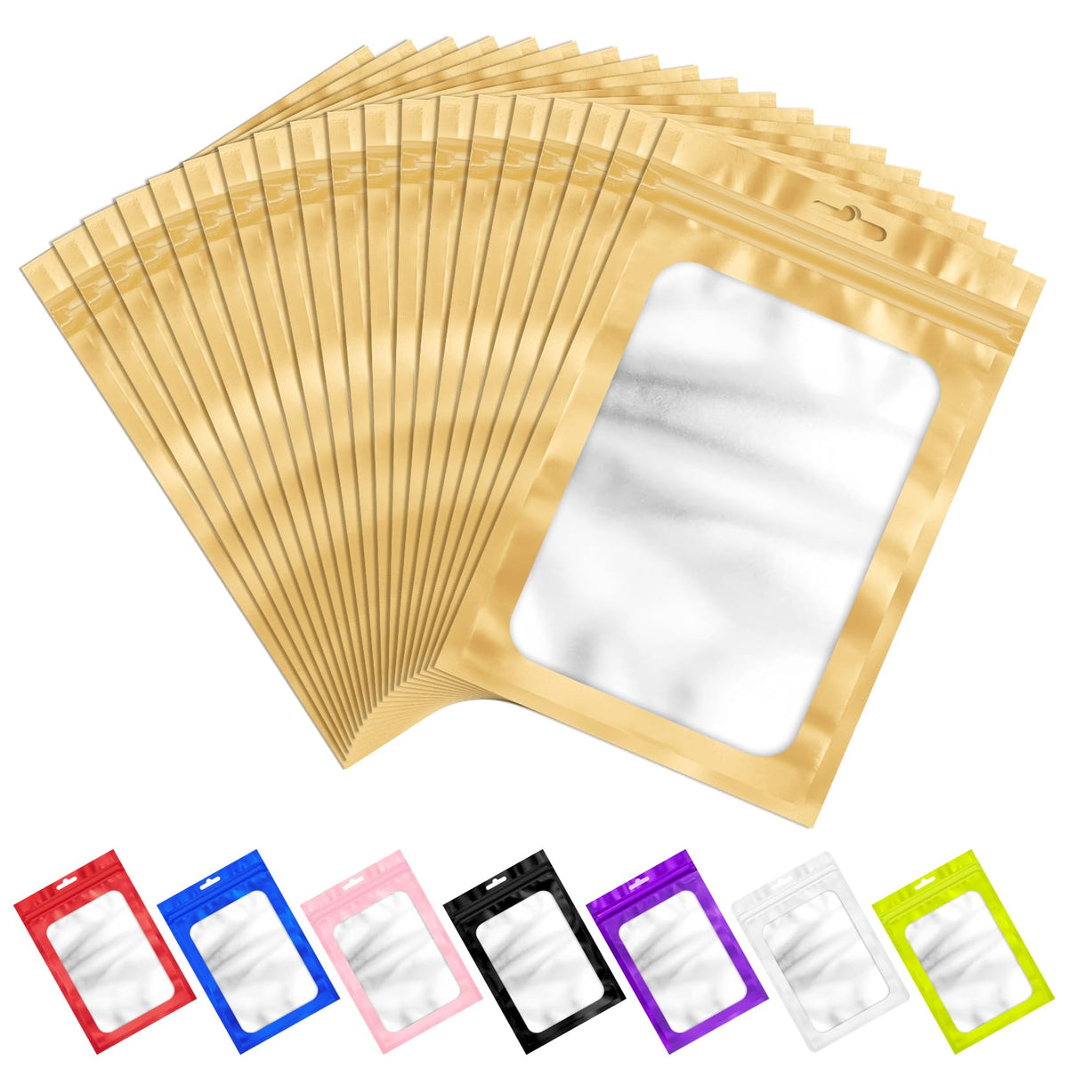 ANZNKU 100Pcs Gold Mylar Bags, Resealable Smell Proof Zip Goodie Baggies