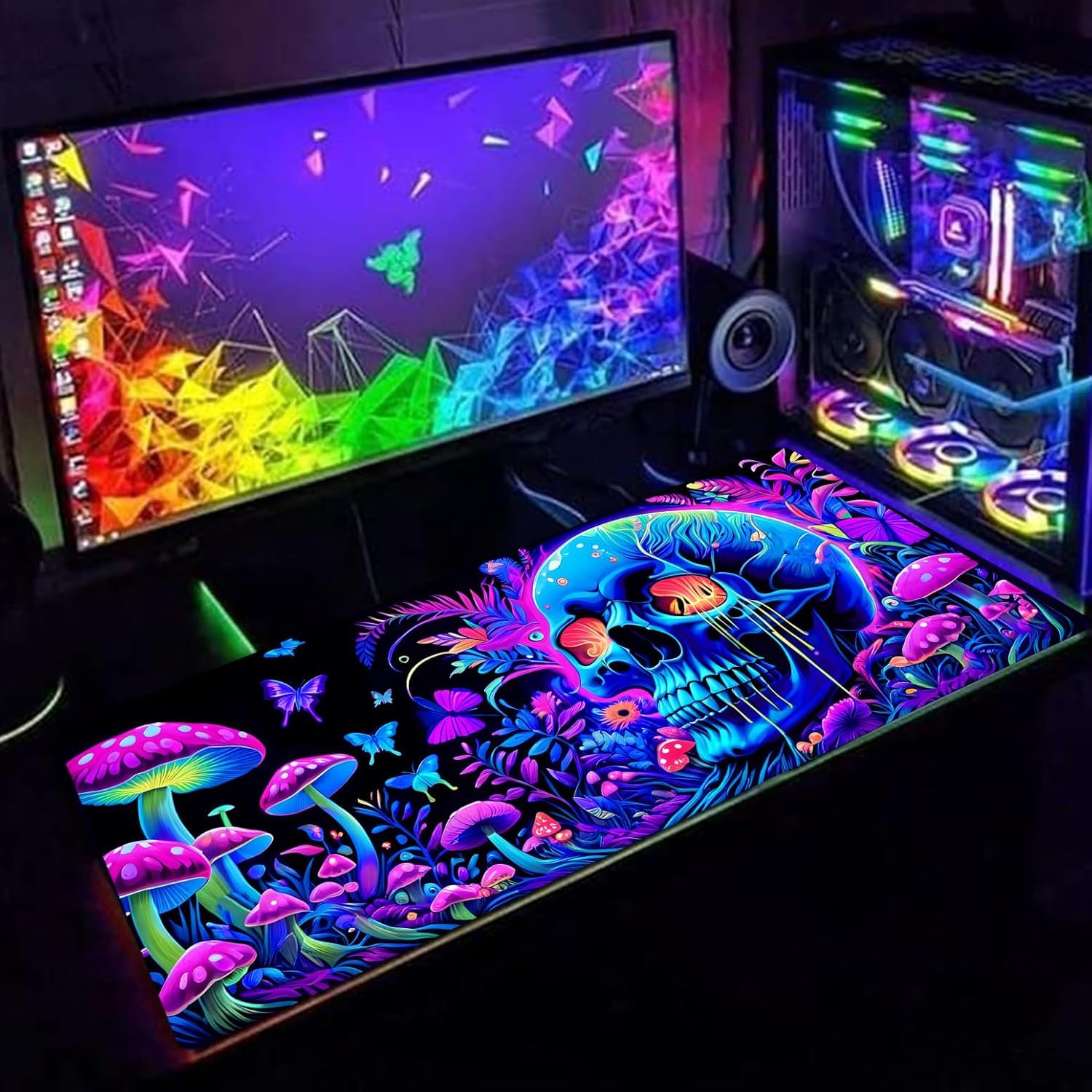 Simpkeely Large Skull Mushroom Gaming Mouse Pad - UV Light Reactive Neon Glow Butterfly Mat