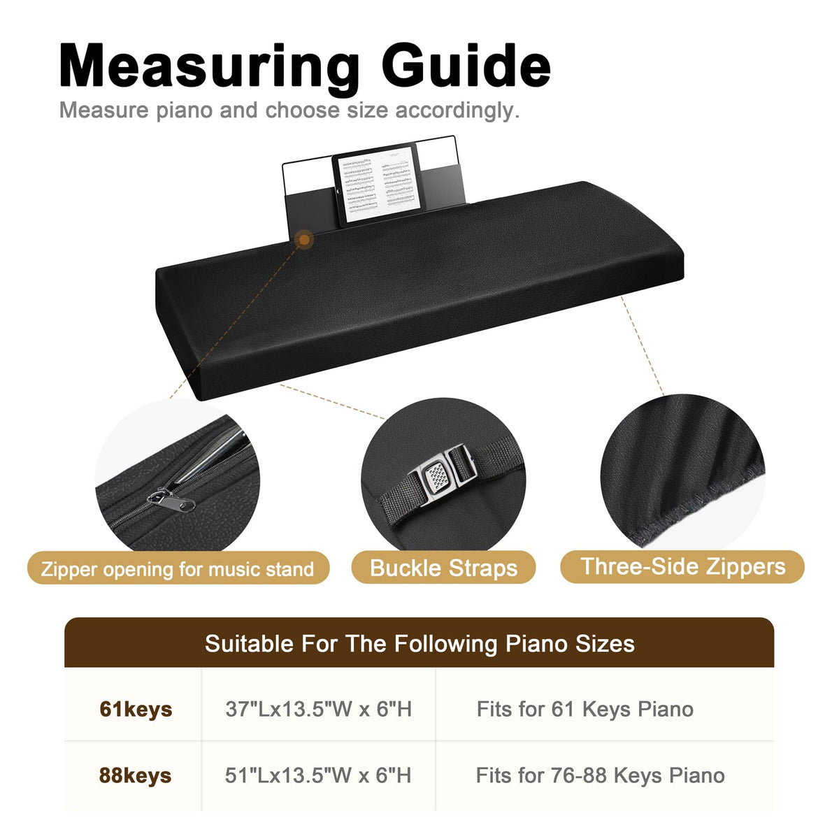 Explore Land Stretchy Leather Piano Keyboard Dust Cover (Black, 88 Keys)