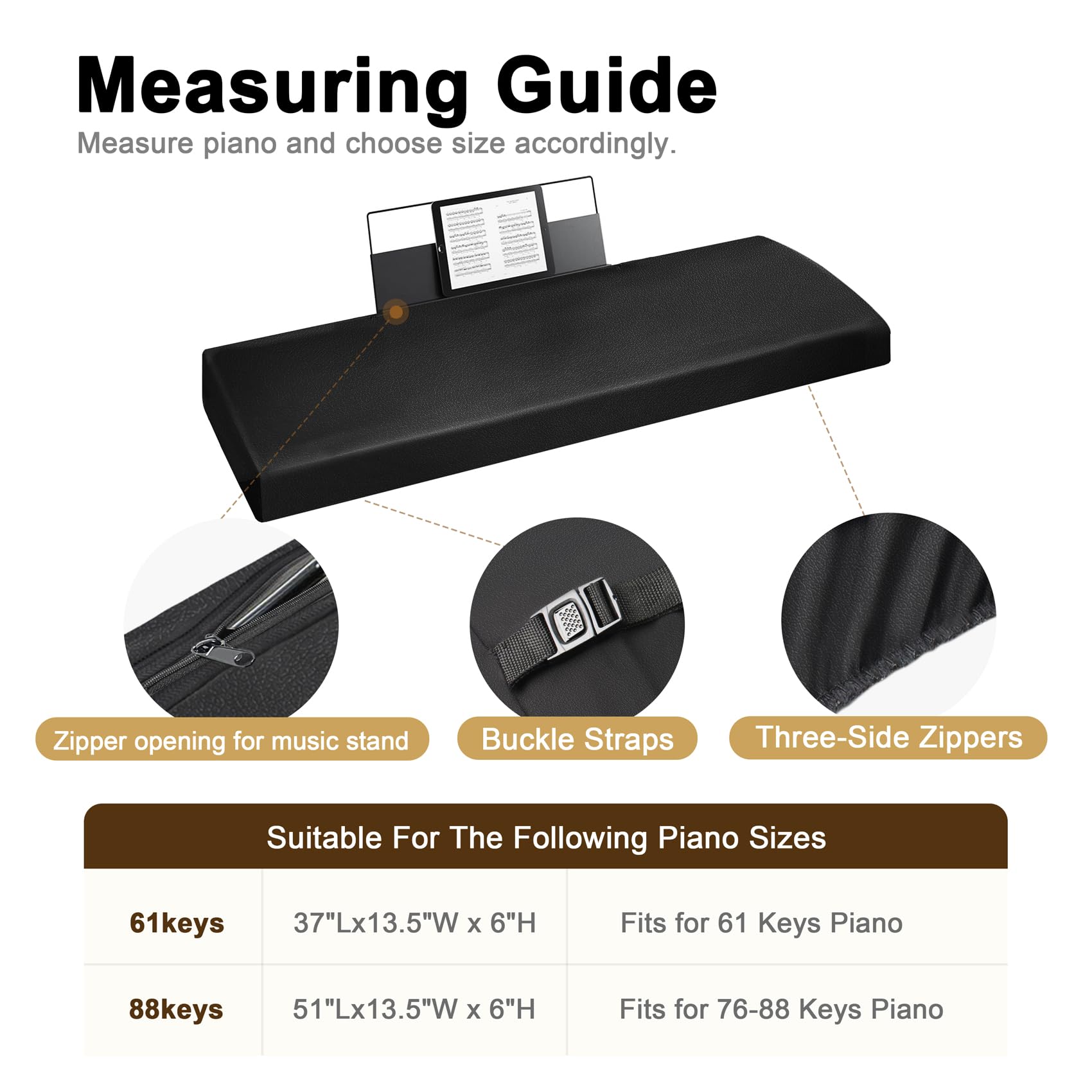 Explore Land Stretchy Leather Piano Keyboard Dust Cover (Black, 88 Keys)