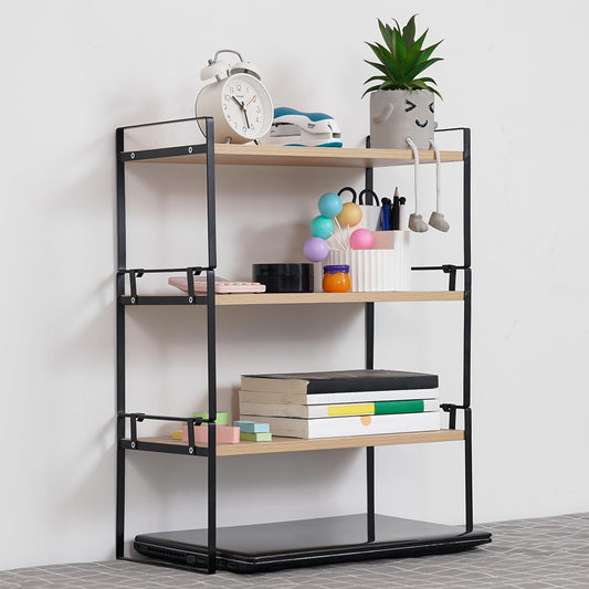 YGYQZ Desk Shelf Organizer for Top of Desk, 3-Tier Desktop Bookshelf, Black & Wood