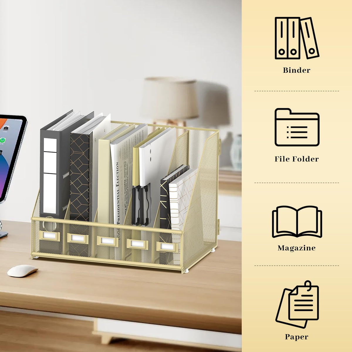 SUPEASY Desk Organizers Metal Desk Magazine File Holder with 5 Vertical Compartments Rack File