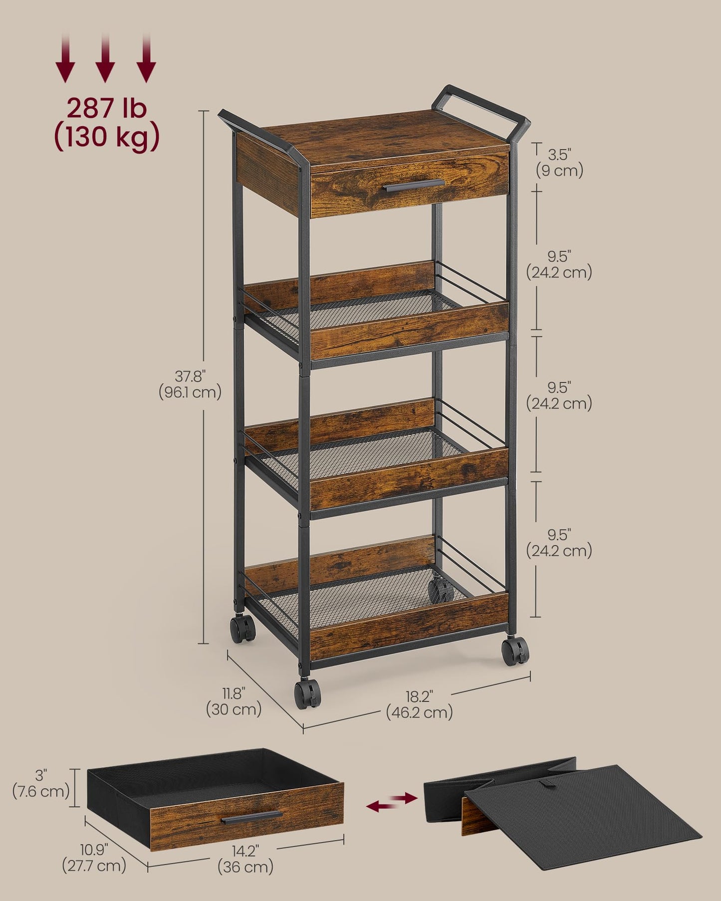 VASAGLE Storage Cart, 4-Tier Rolling Utility Cart with Table Top
