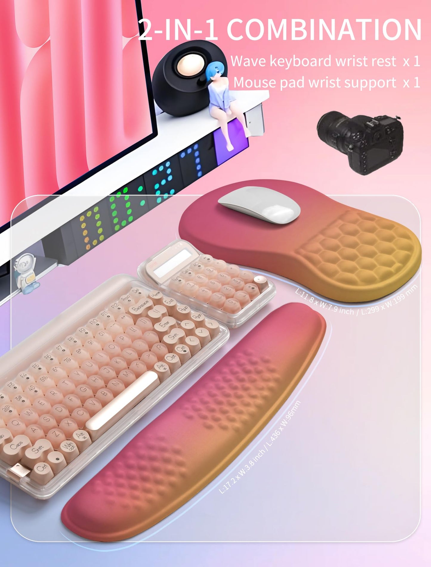 Hokafenle 2in1 Combination, Wave Keyboard Wrist Rest and Ergonomic Curvature Mouse Pad Wrist