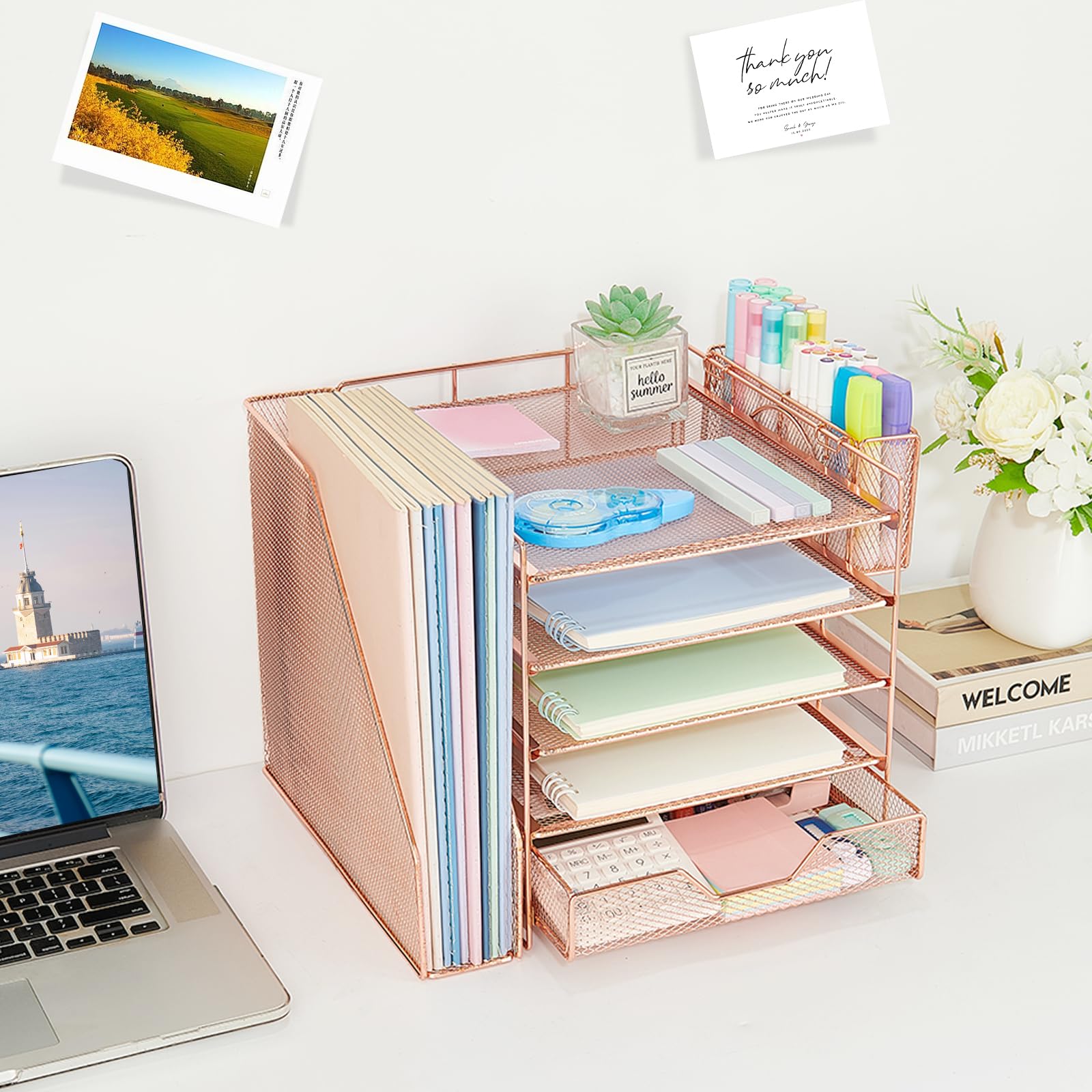 Gugsey 5-Tier Desk File Organizer with Drawer & Pen Holder (Rose Gold)