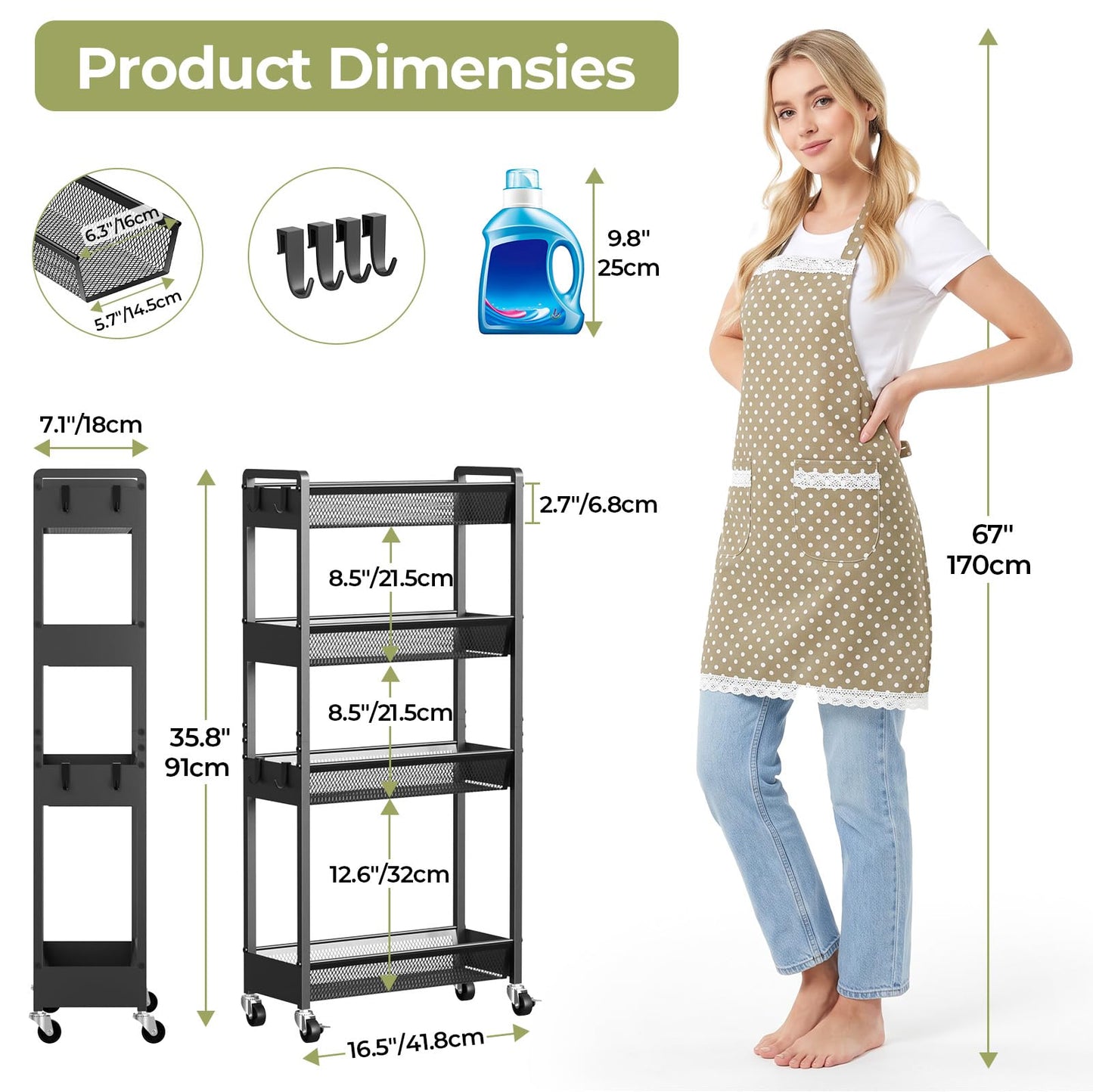 Delamu 4 Tier Slim Rolling Storage Cart, Utility Metal Narrow Cart 7.1" W